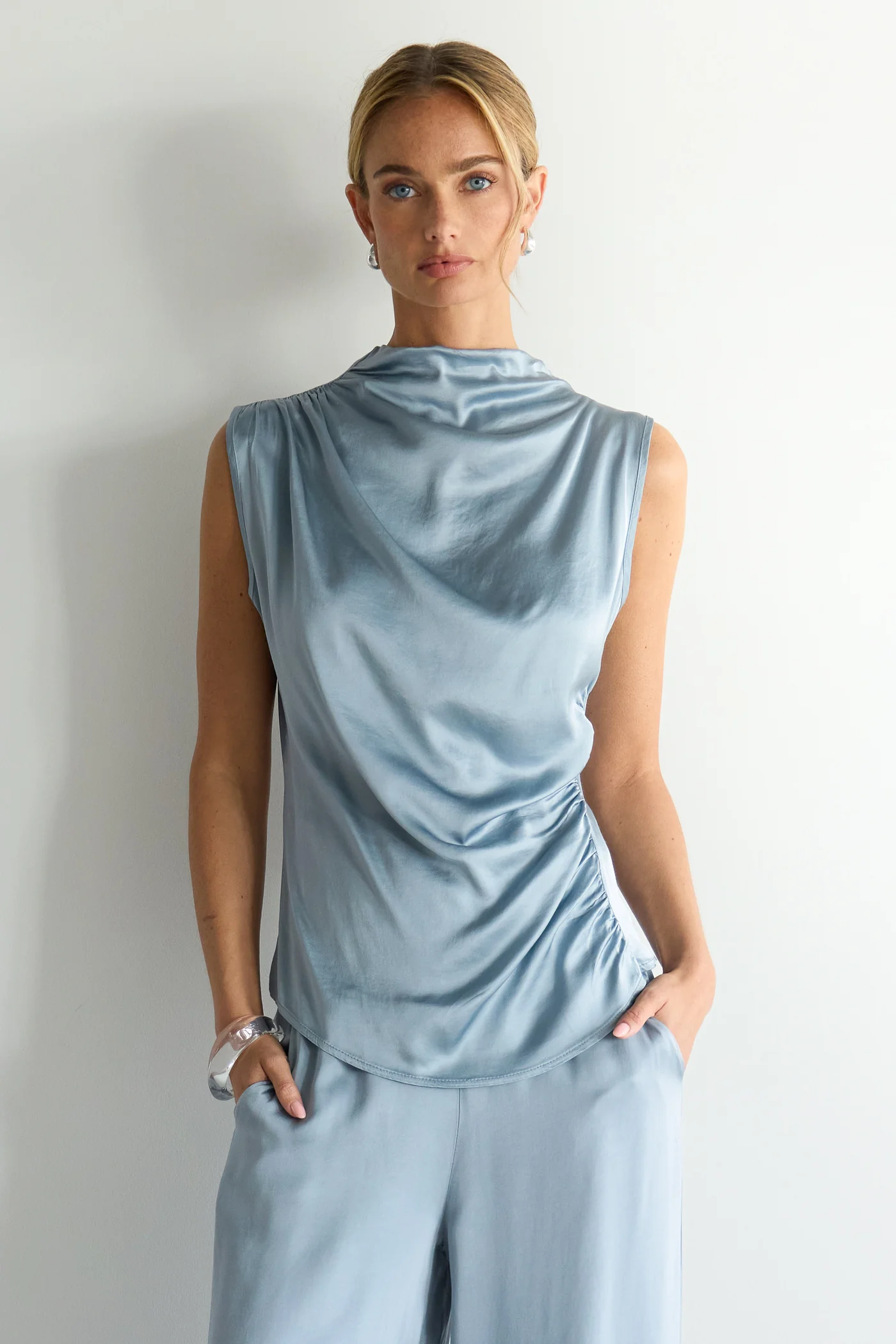 Allegra Draped Satin Sleeveless Top | Dusty Blue - Image 2