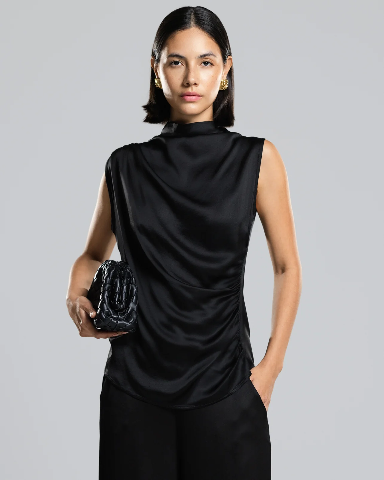 Allegra Draped Satin Sleeveless Top | Black - Image 5