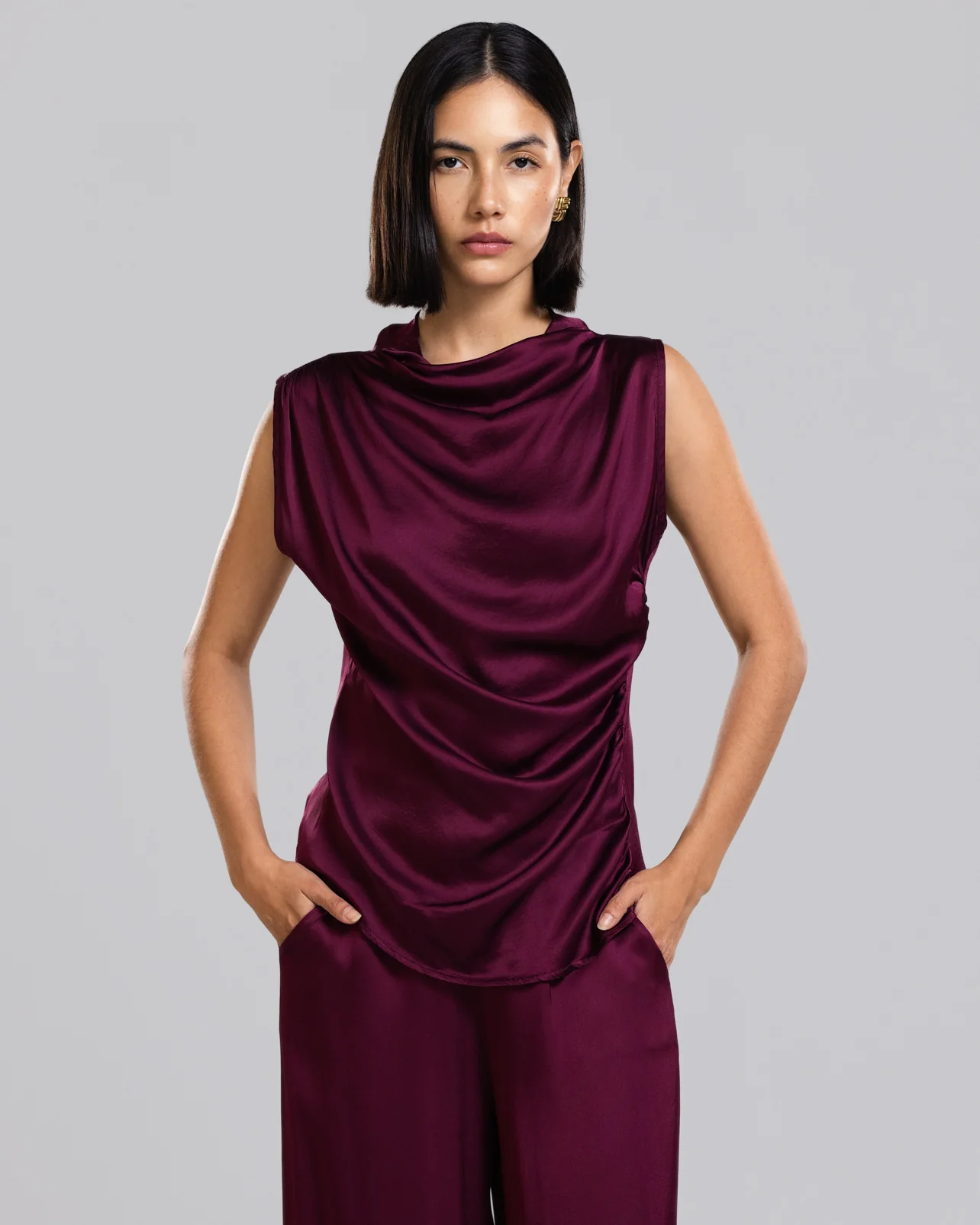 Allegra Draped Satin Sleeveless Top | Burgundy - Image 4