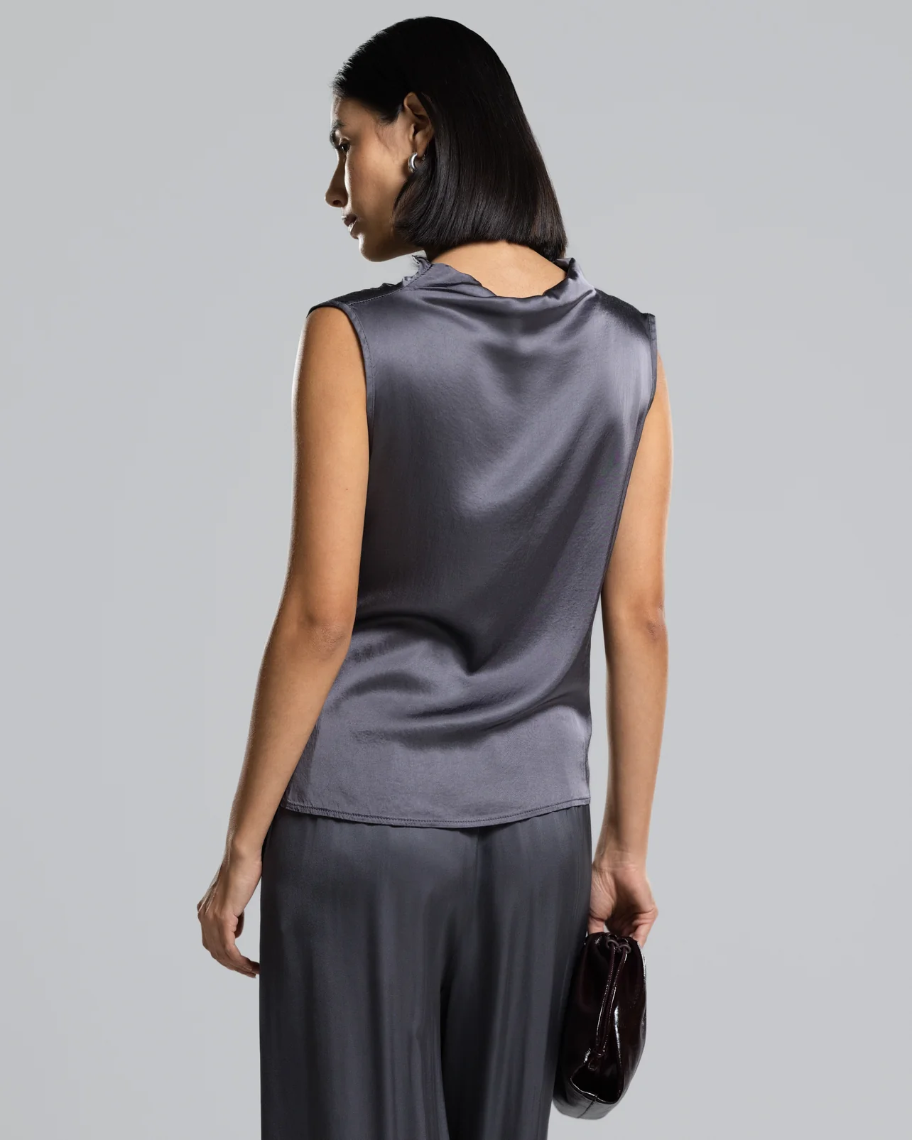 Allegra Draped Satin Sleeveless Top | Charcoal - Image 3