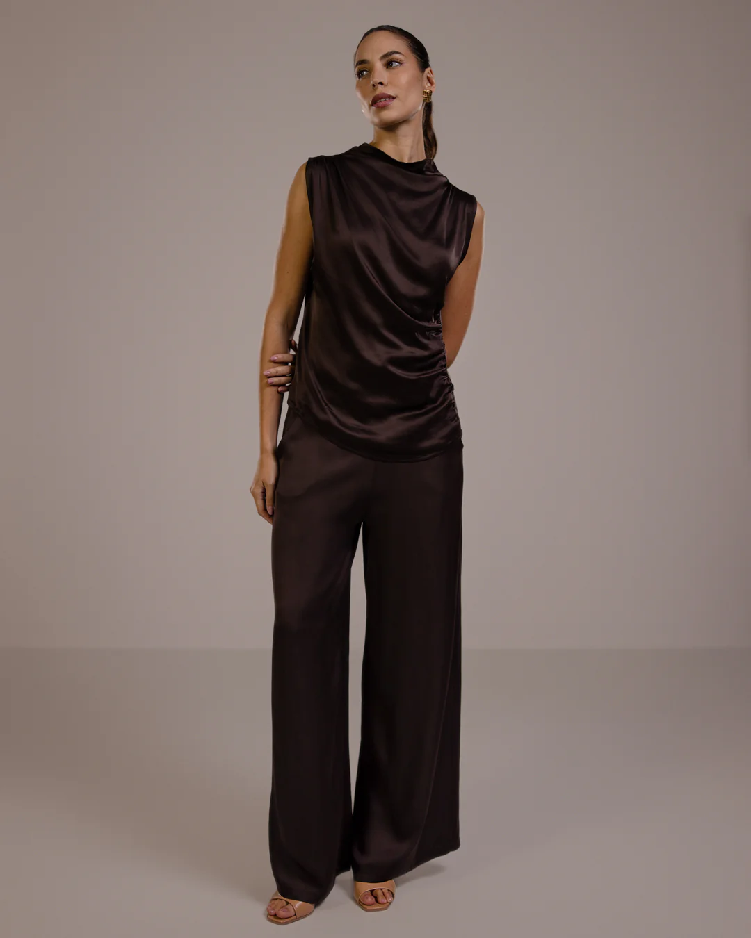 Allegra Draped Satin Sleeveless Top | Espresso Brown - Image 3