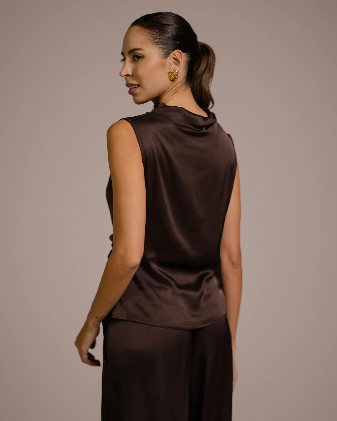 Allegra Draped Satin Sleeveless Top | Espresso Brown - Image 4