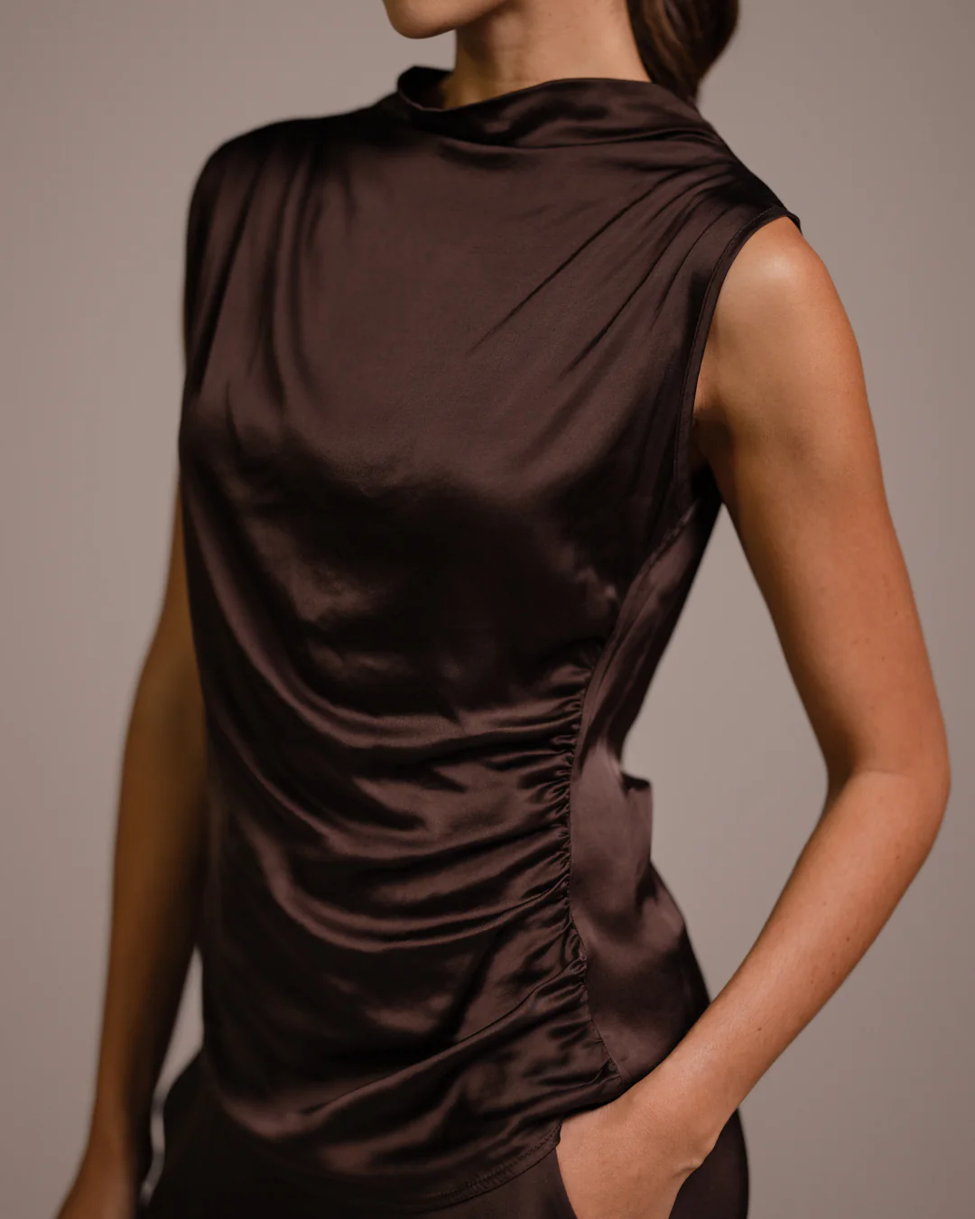 Allegra Draped Satin Sleeveless Top | Espresso Brown - Image 5