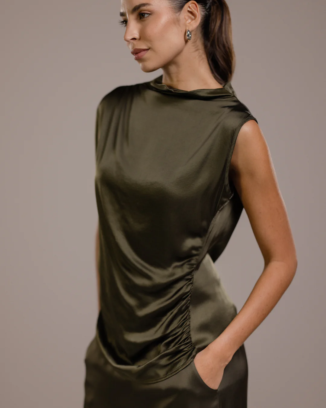 Allegra Draped Satin Sleeveless Top | Khaki - Image 2