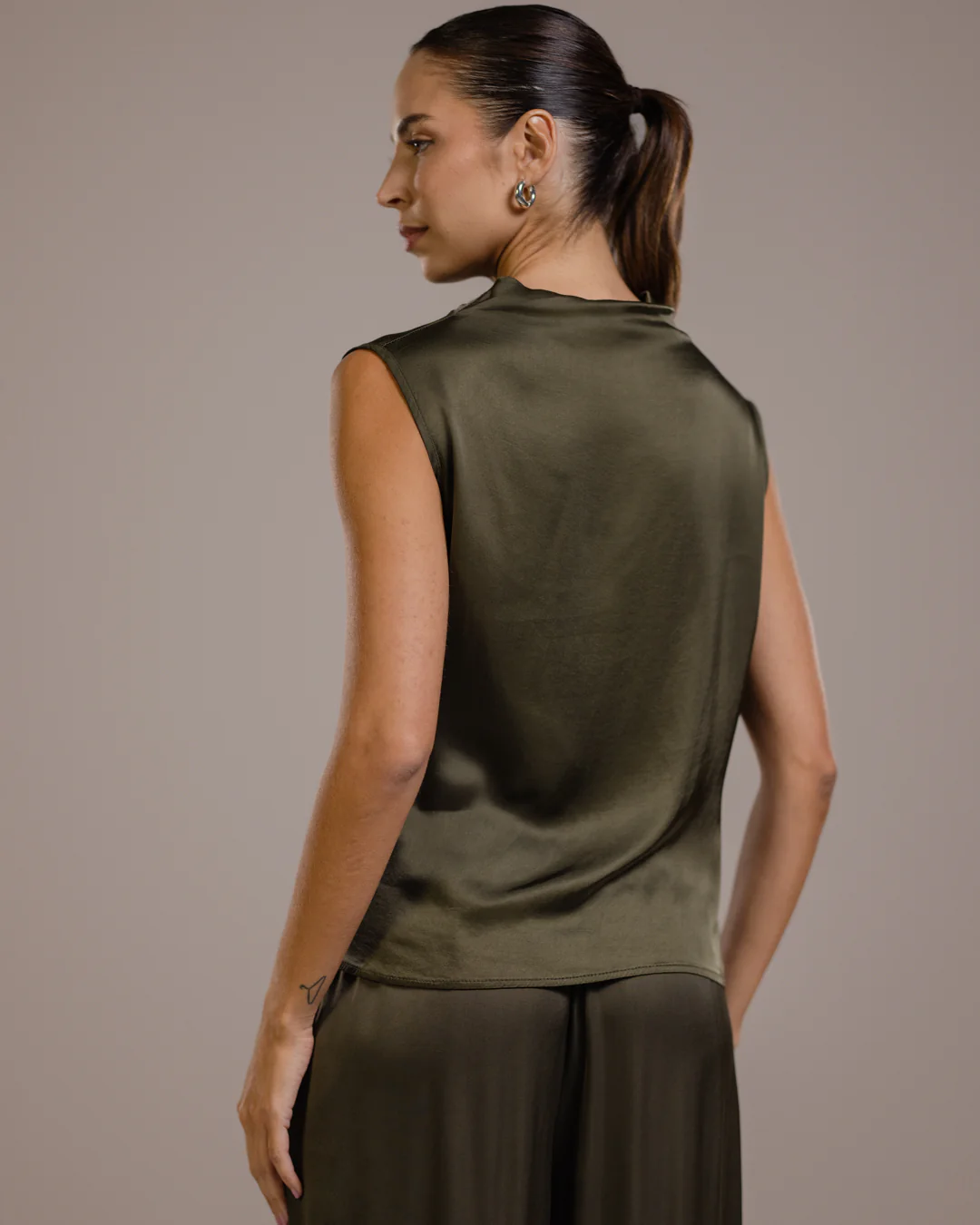 Allegra Draped Satin Sleeveless Top | Khaki - Image 3