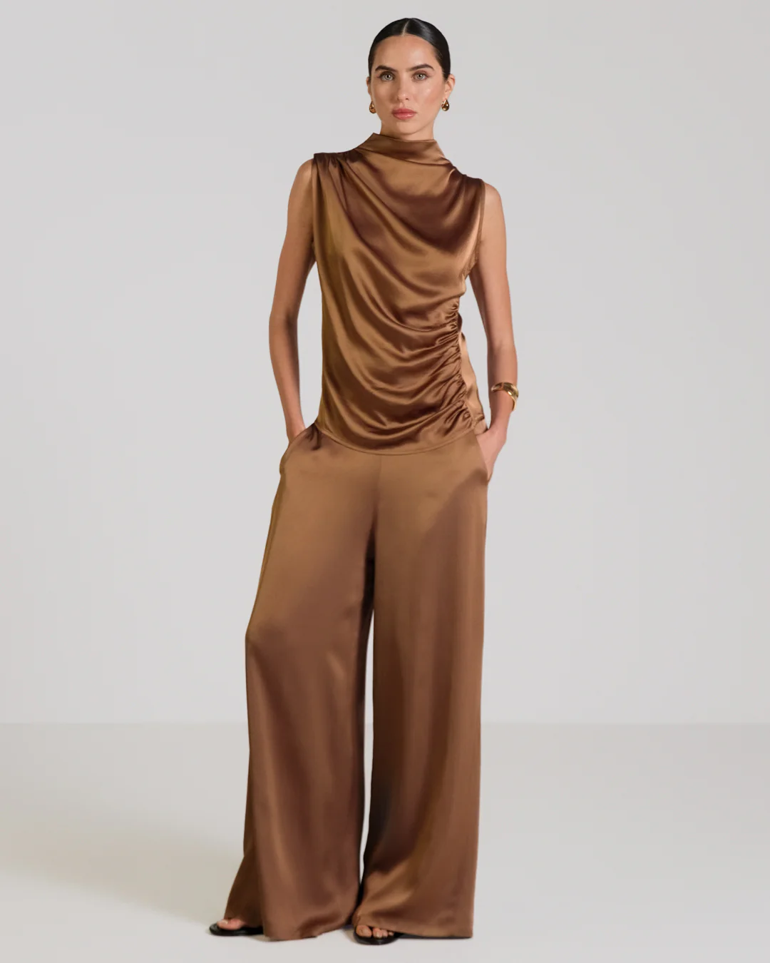 Allegra Draped Satin Sleeveless Top | Maple - Image 3