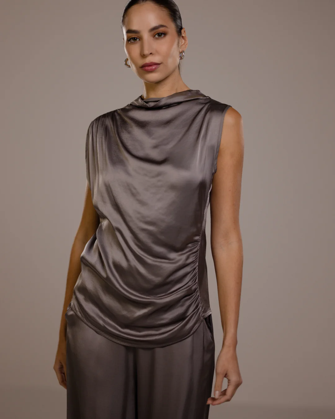 Allegra Draped Satin Sleeveless Top | Mink - Image 4
