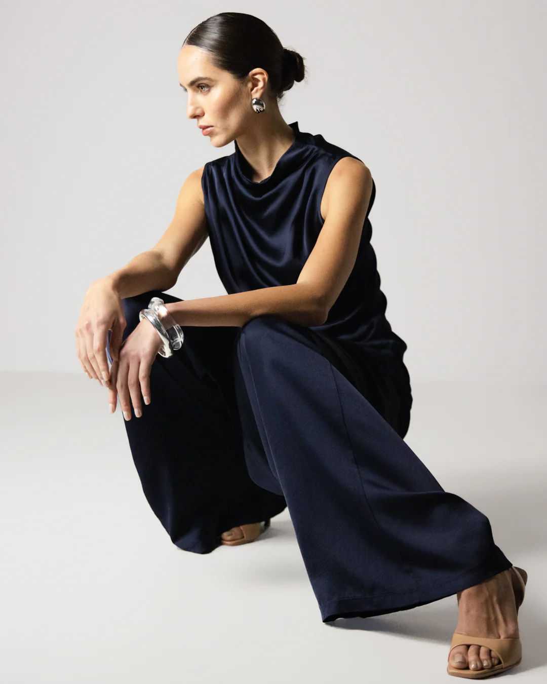 Allegra Draped Satin Sleeveless Top | Navy