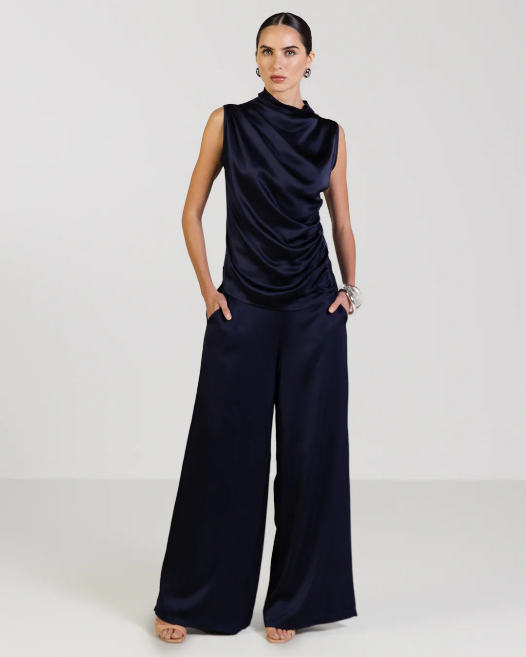 Allegra Draped Satin Sleeveless Top | Navy - Image 2