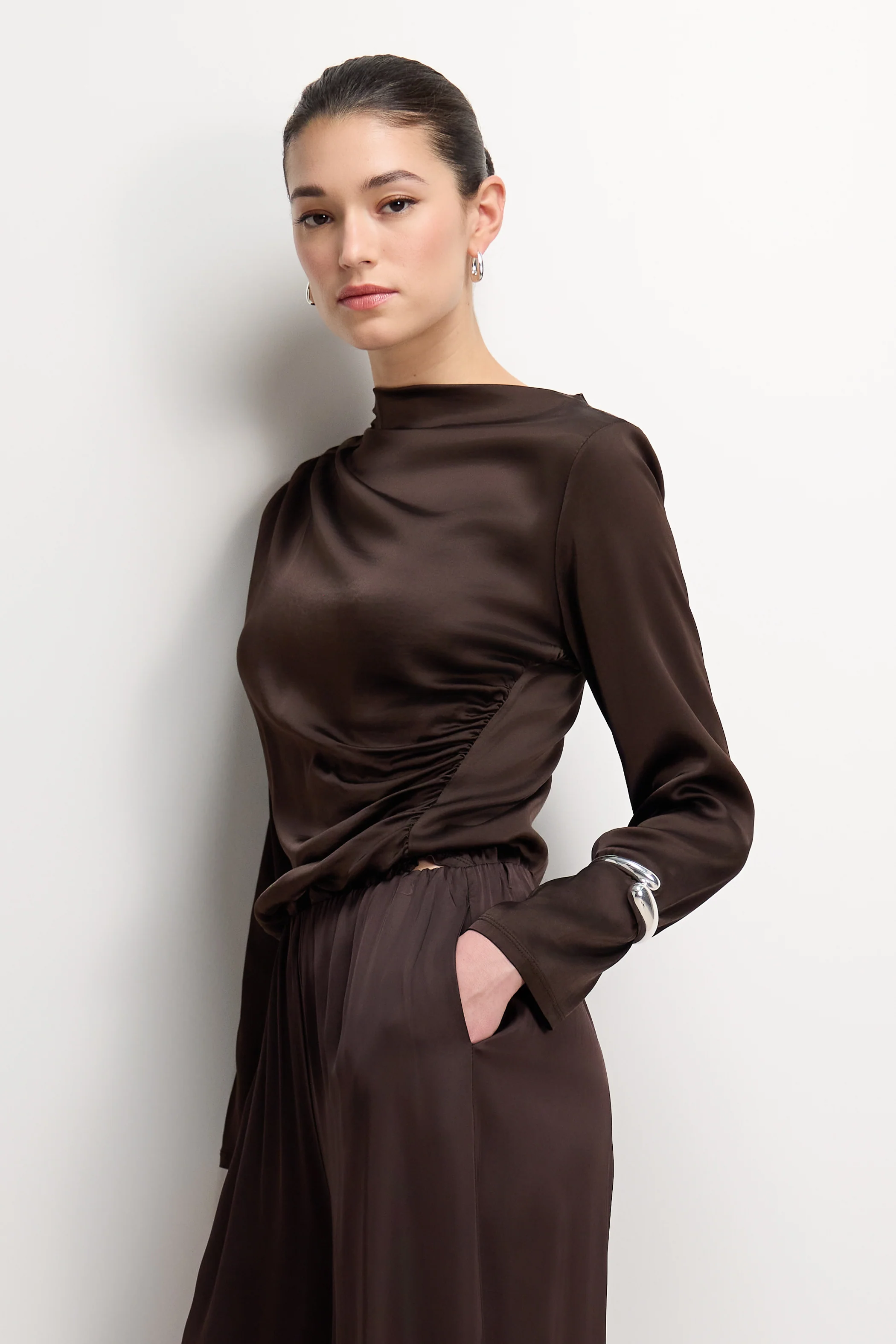 Allegra Asymmetric Long Sleeve Top | Espresso Brown - Image 2