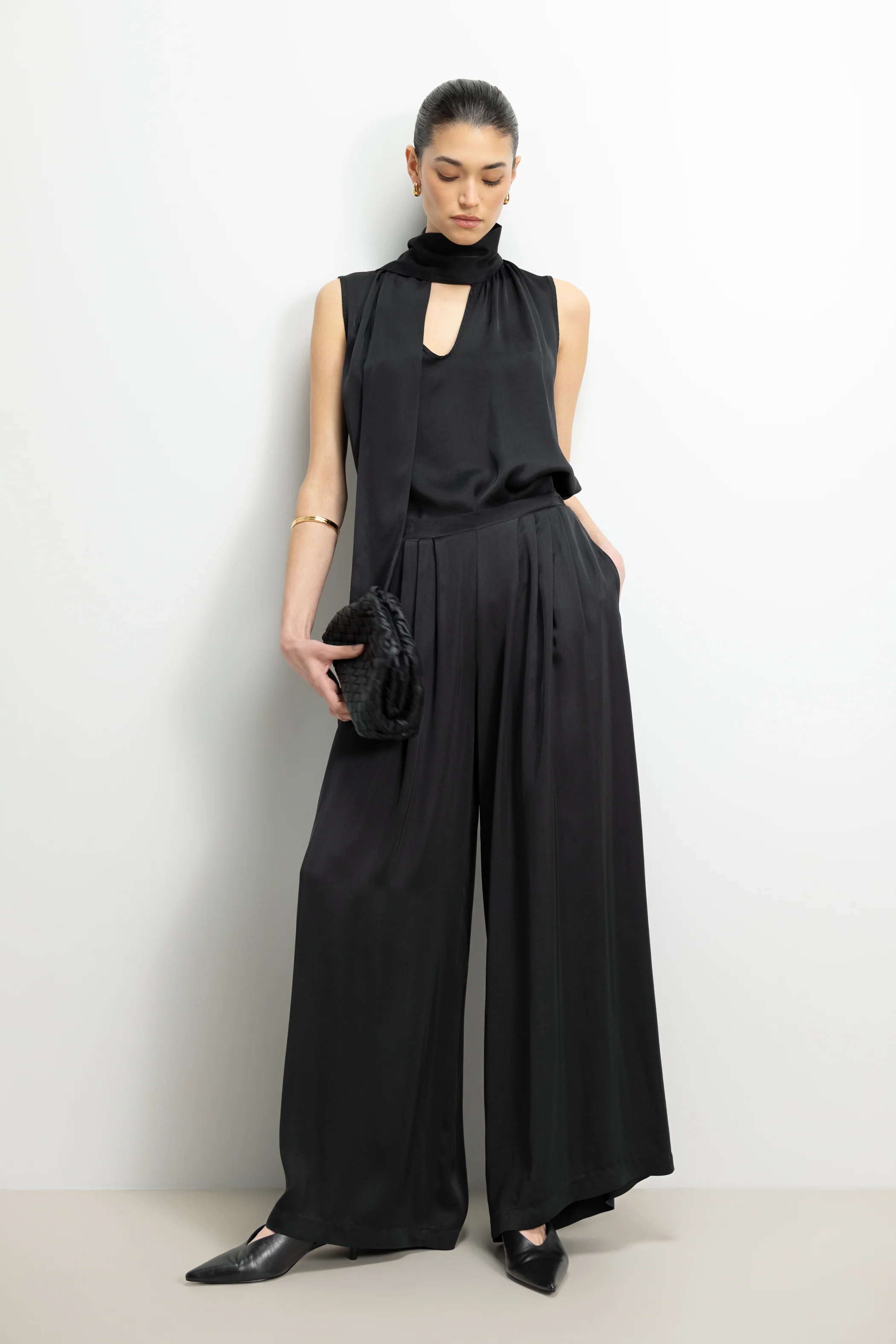 Arden Pleated Elastic Waist Satin Trousers | Black - Image 4