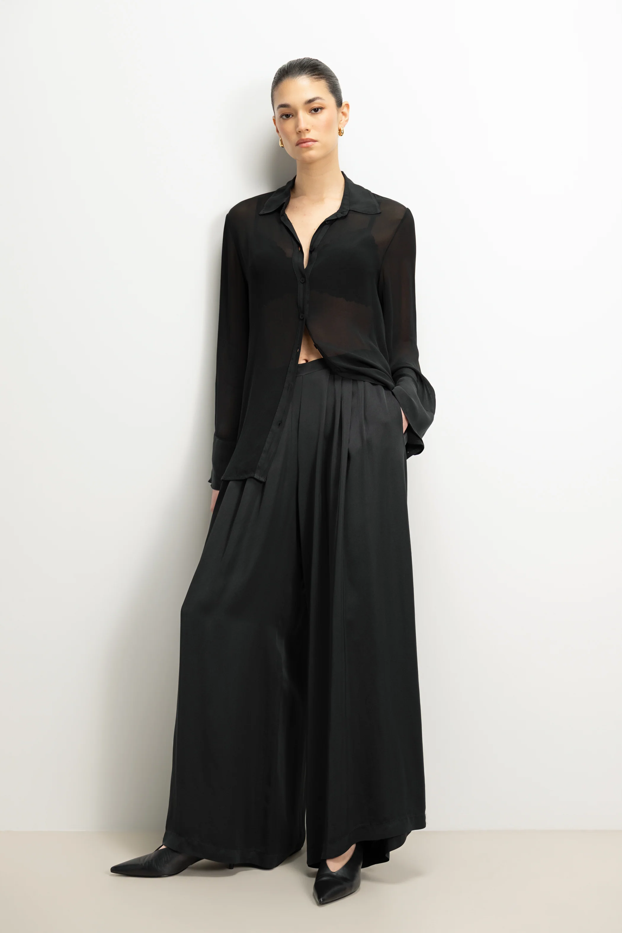 Arden Pleated Elastic Waist Satin Trousers | Black - Image 7