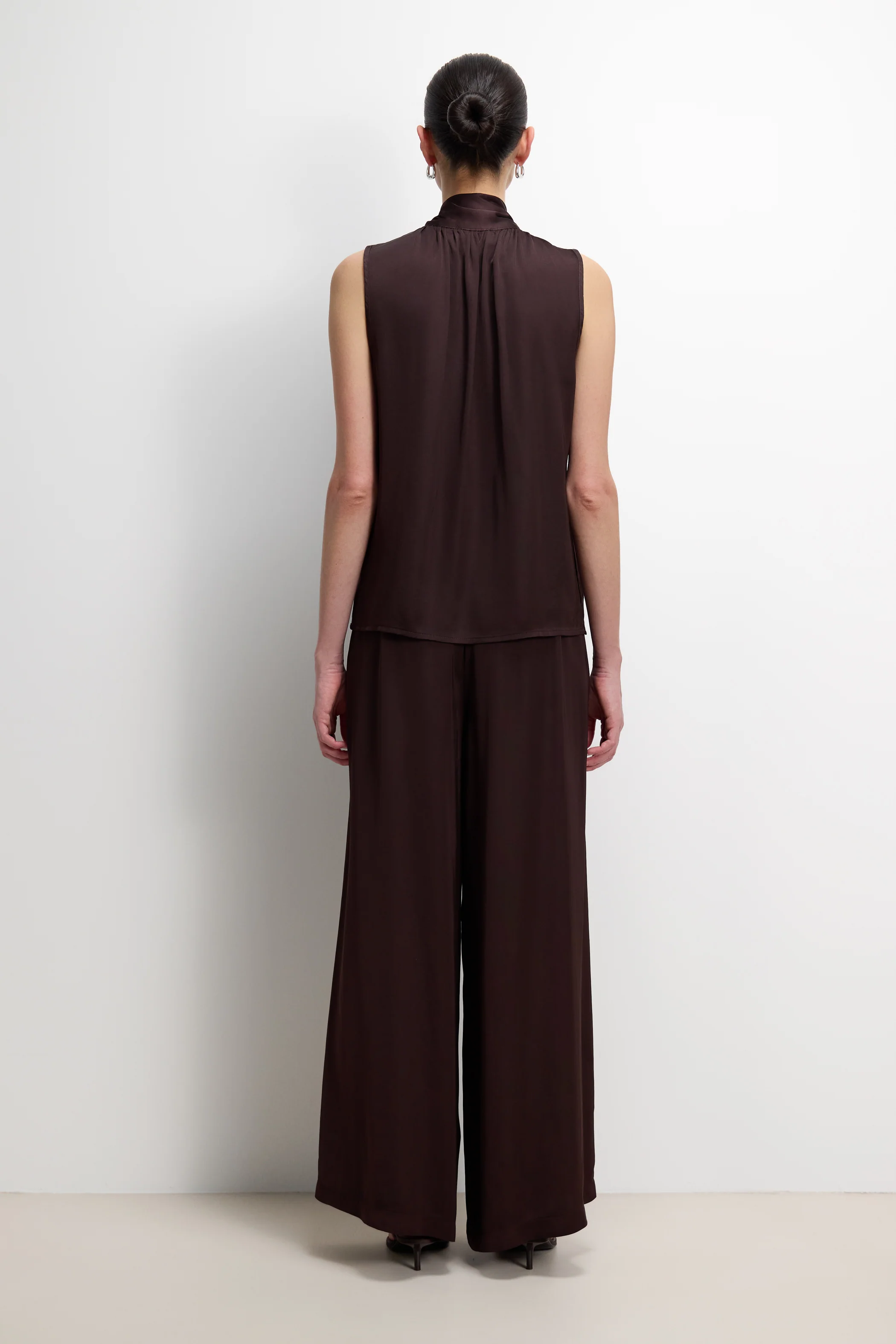 Lyanne Bow Neck Tie Satin Blouse | Espresso Brown Moire - Image 4