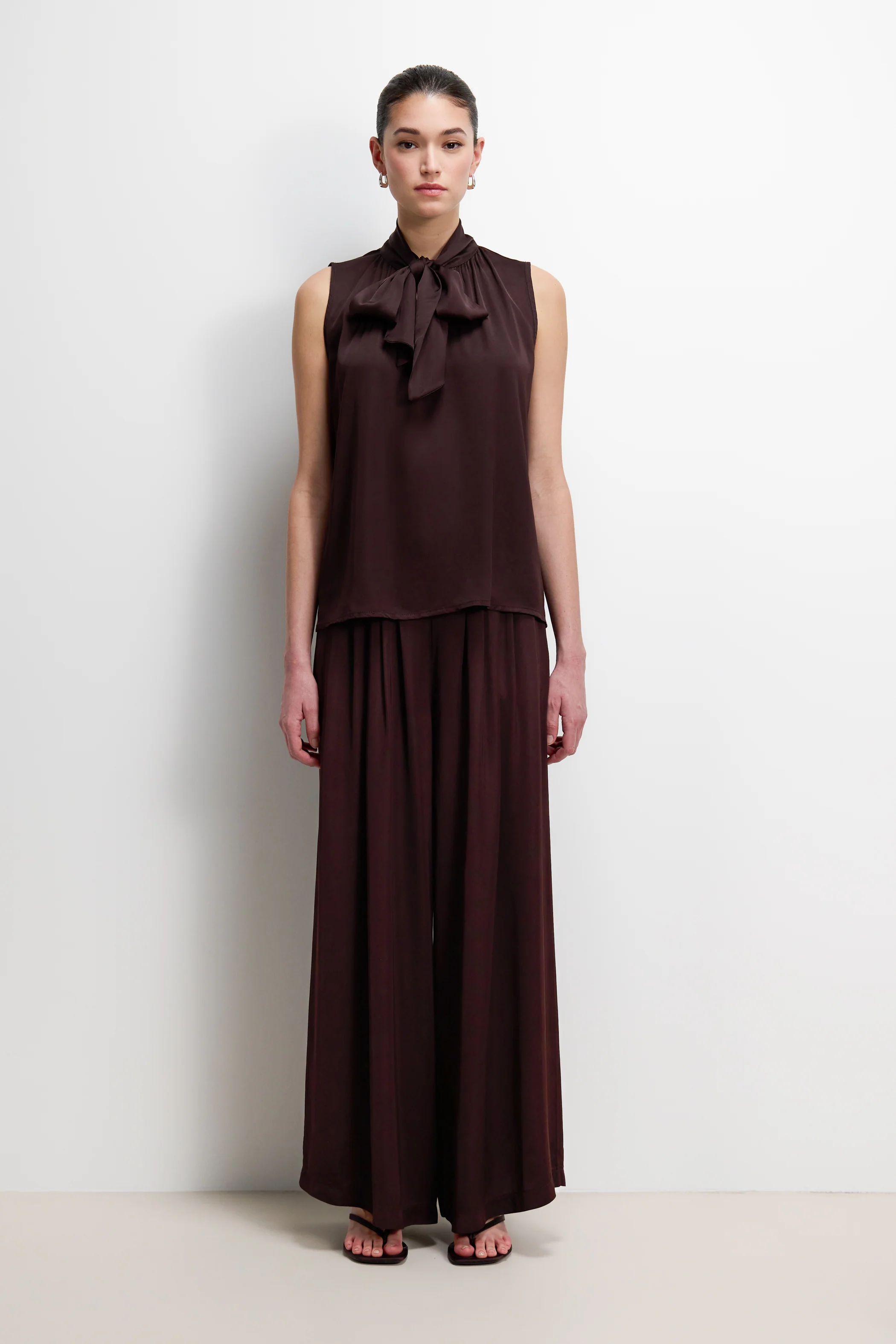Lyanne Bow Neck Tie Satin Blouse | Espresso Brown Moire - Image 3