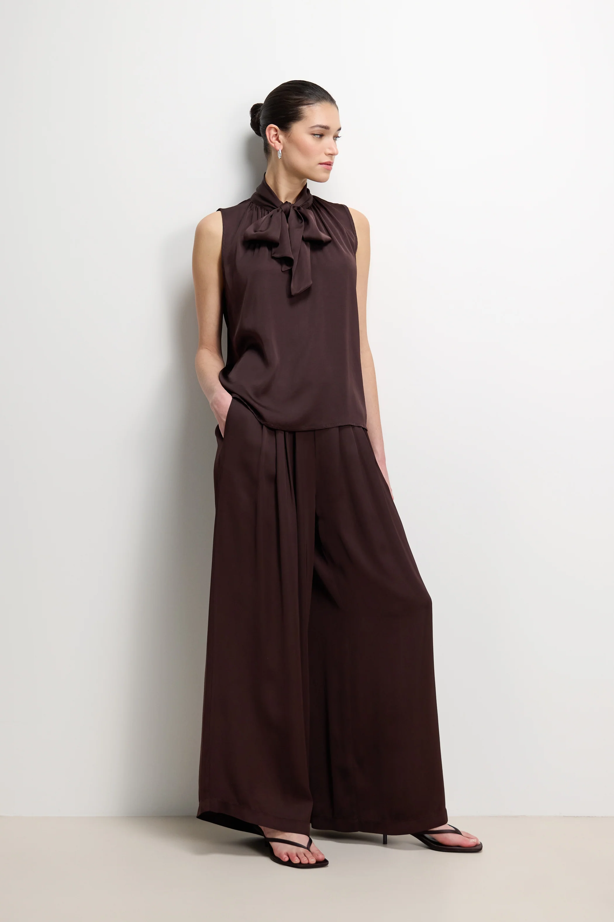 Lyanne Bow Neck Tie Satin Blouse | Espresso Brown Moire - Image 2