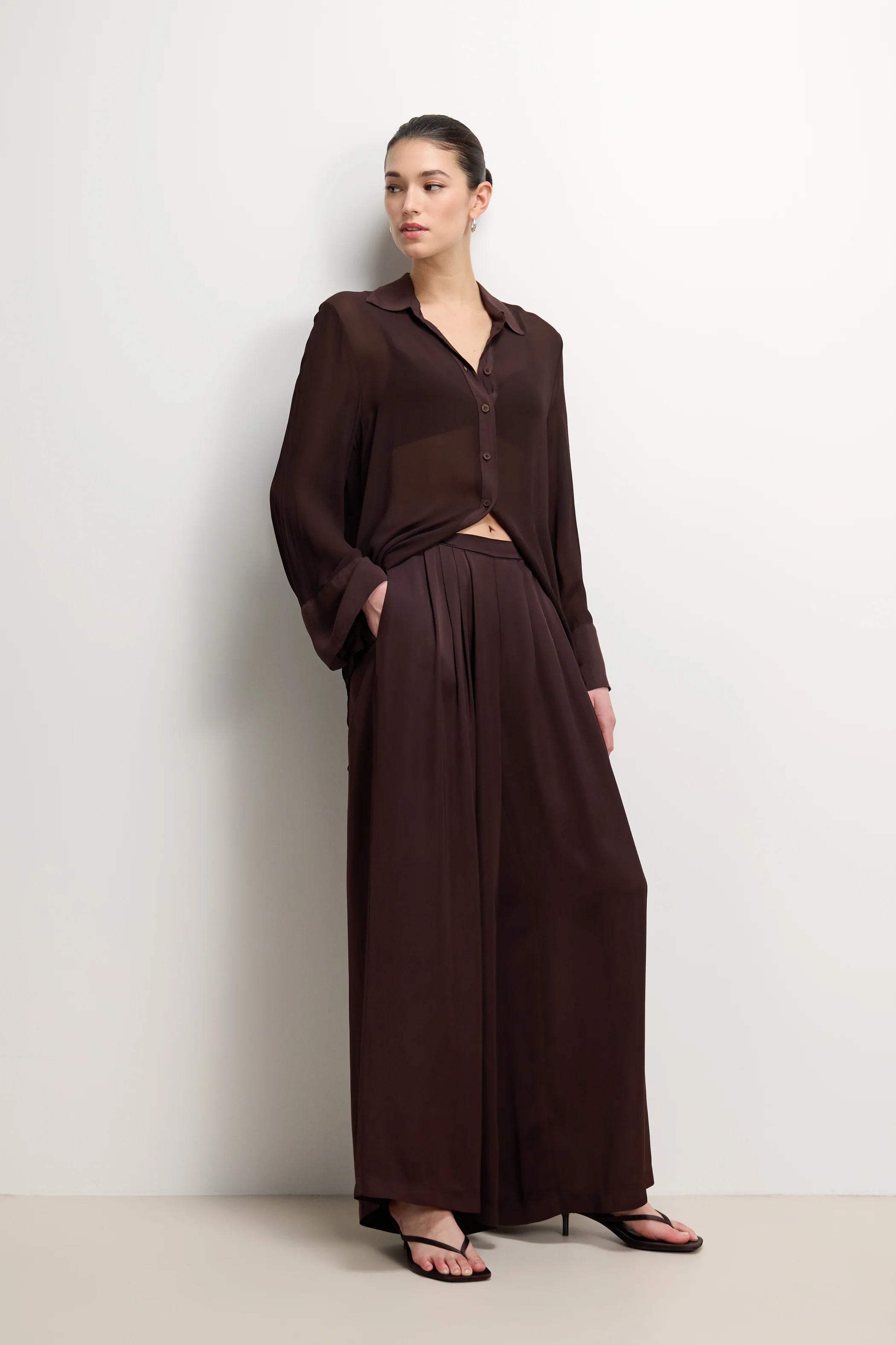 Arden Pleated Elastic Waist Satin Trousers | Espresso Brown Moire - Image 6