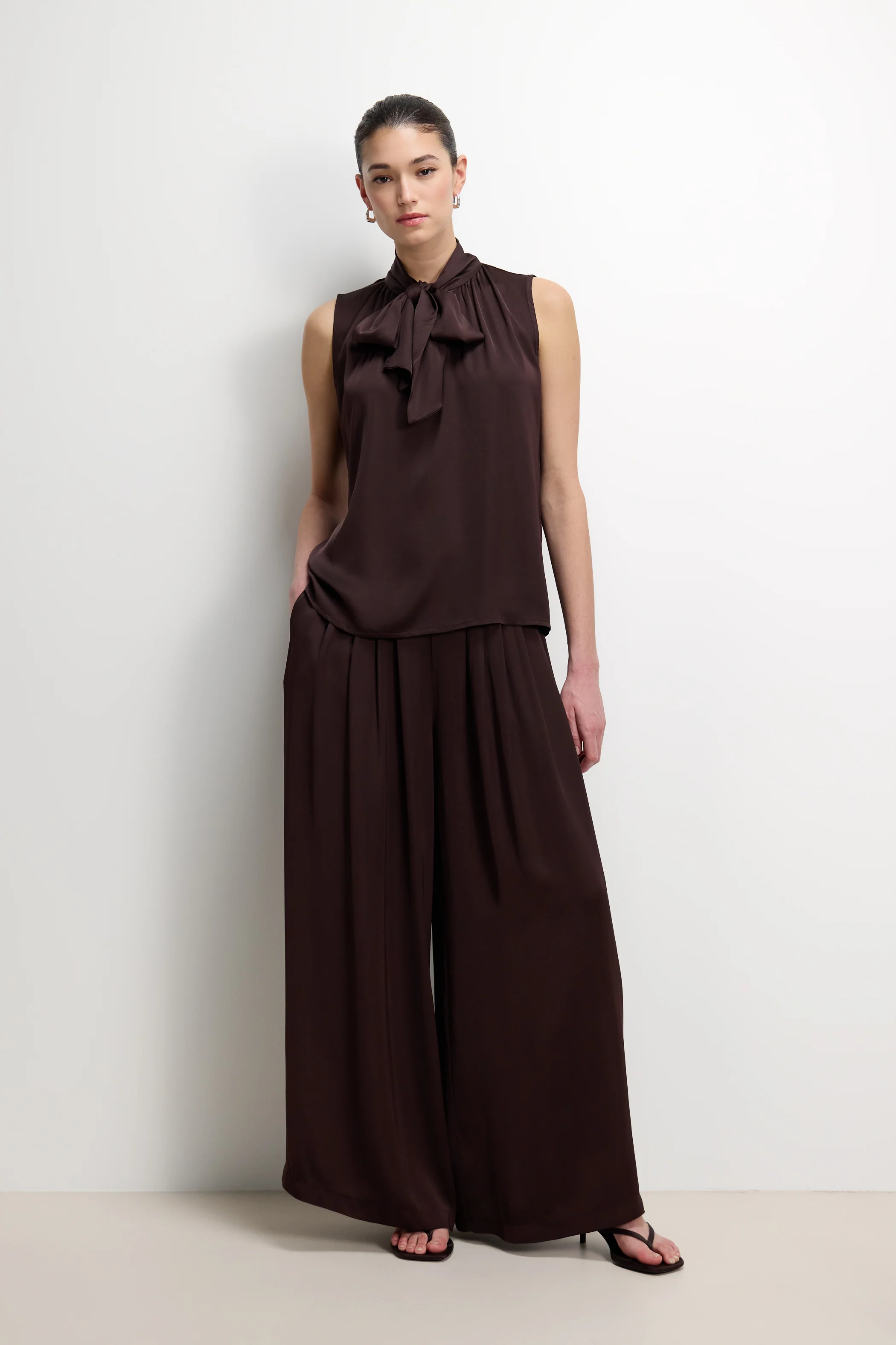 Arden Pleated Elastic Waist Satin Trousers | Espresso Brown Moire - Image 8