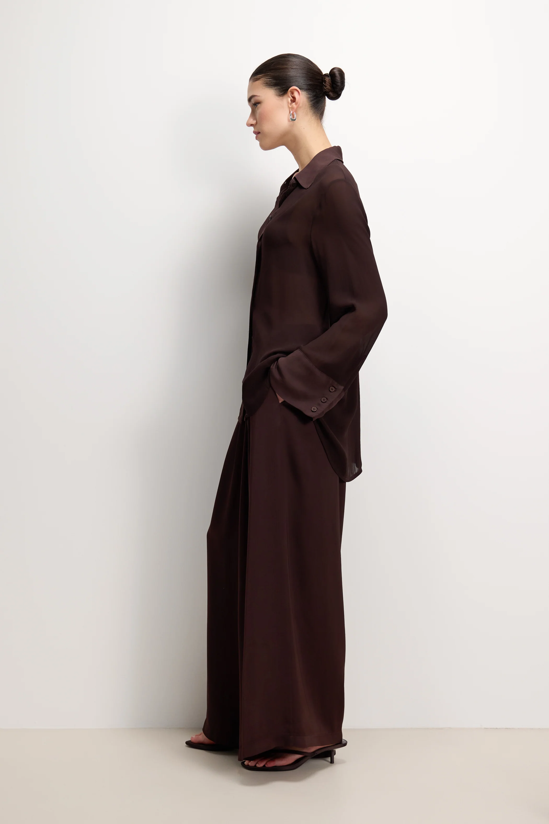 Arden Pleated Elastic Waist Satin Trousers | Espresso Brown Moire - Image 9