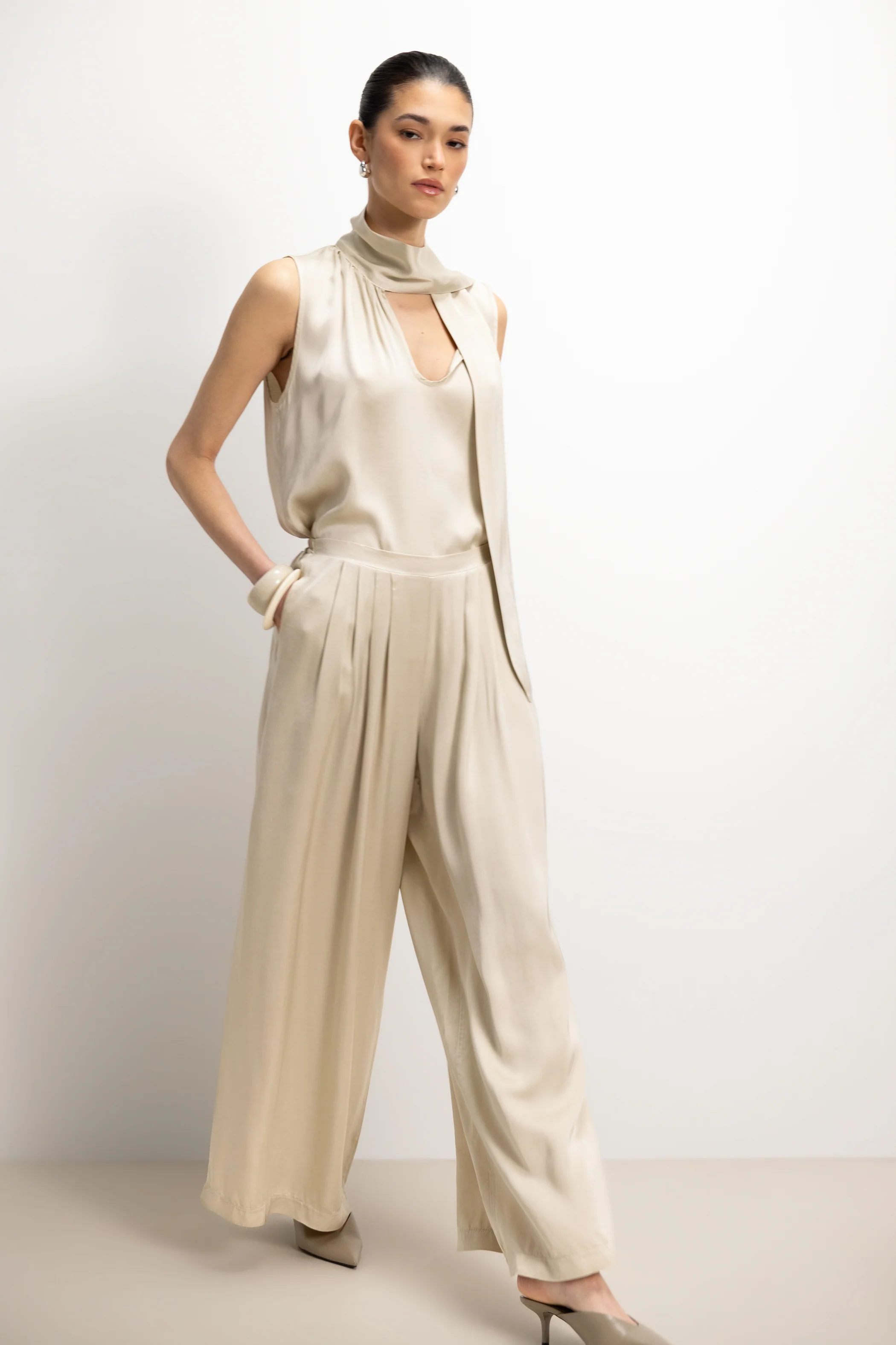 Arden Pleated Elastic Waist Satin Trousers | Honey - Image 2