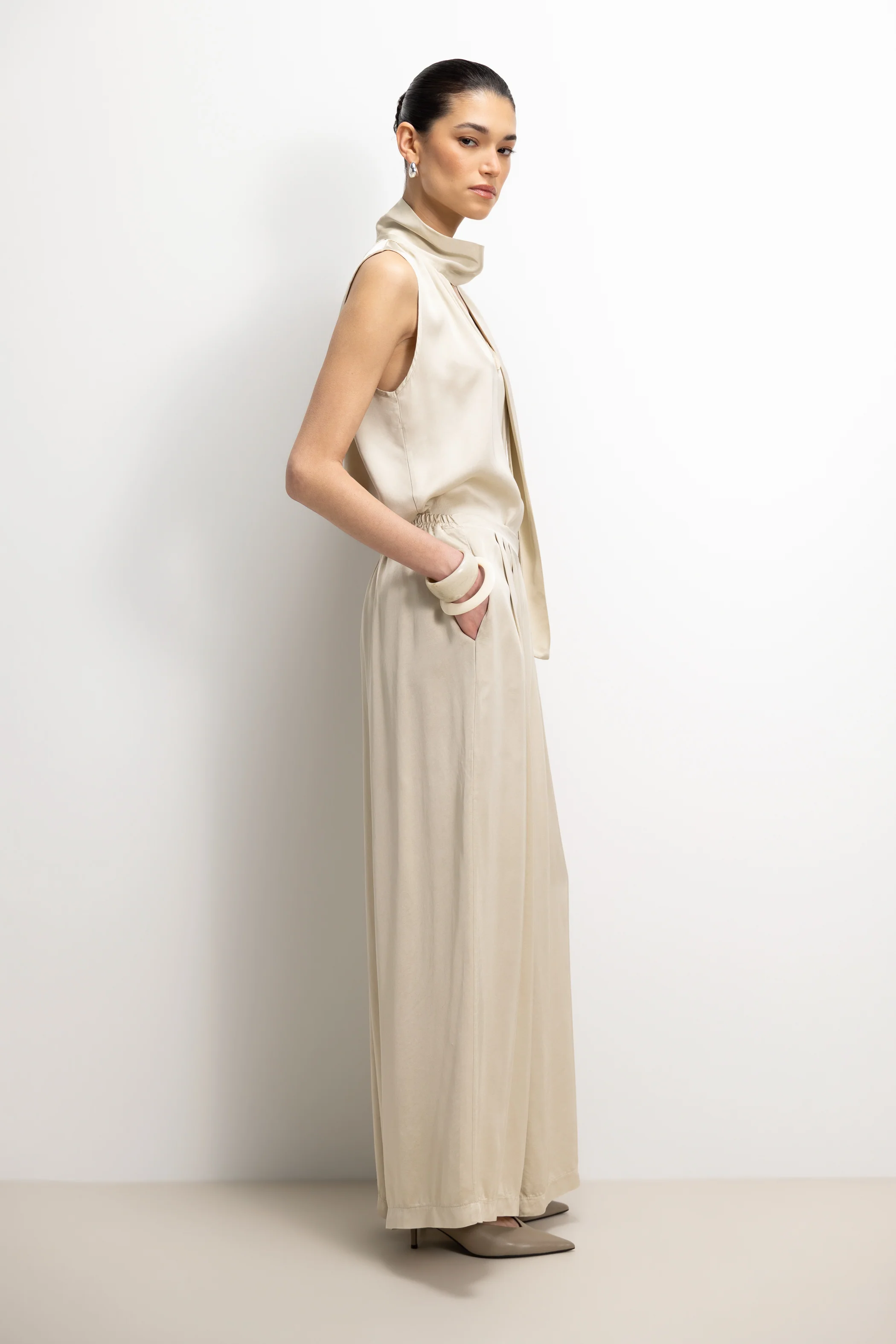 Arden Pleated Elastic Waist Satin Trousers | Honey - Image 6