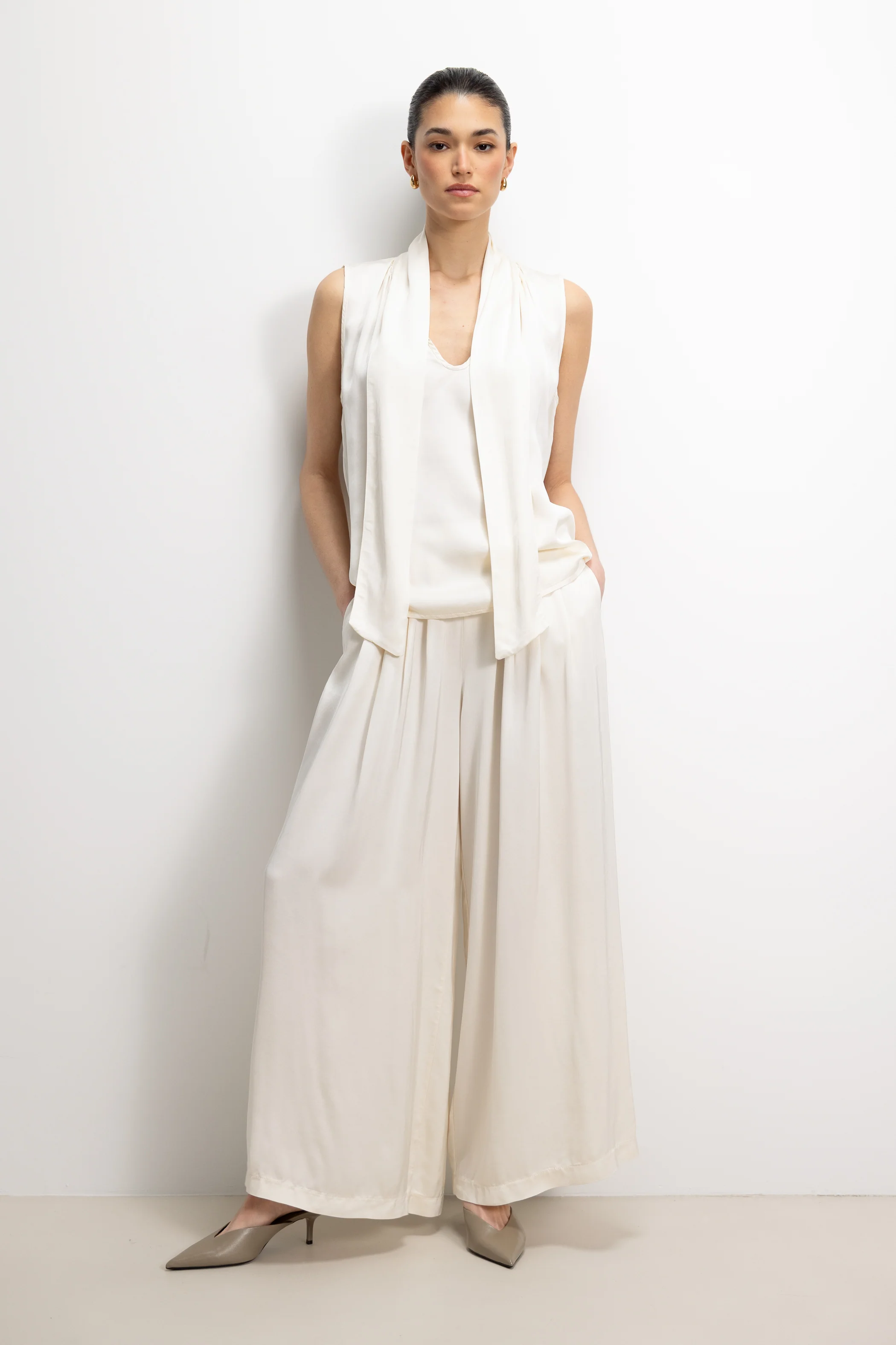 Arden Pleated Elastic Waist Satin Trousers | Ivory