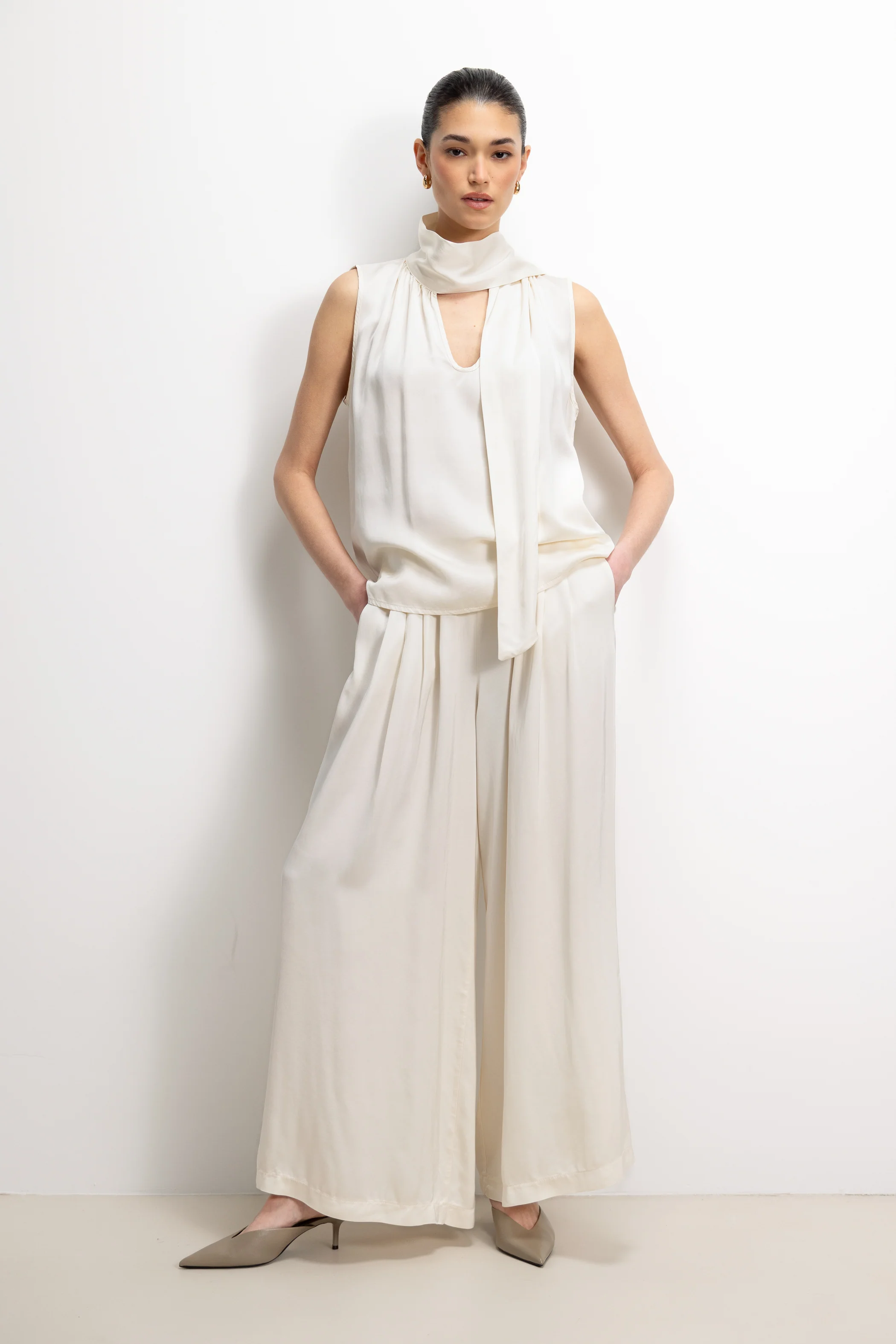 Arden Pleated Elastic Waist Satin Trousers | Ivory - Image 6
