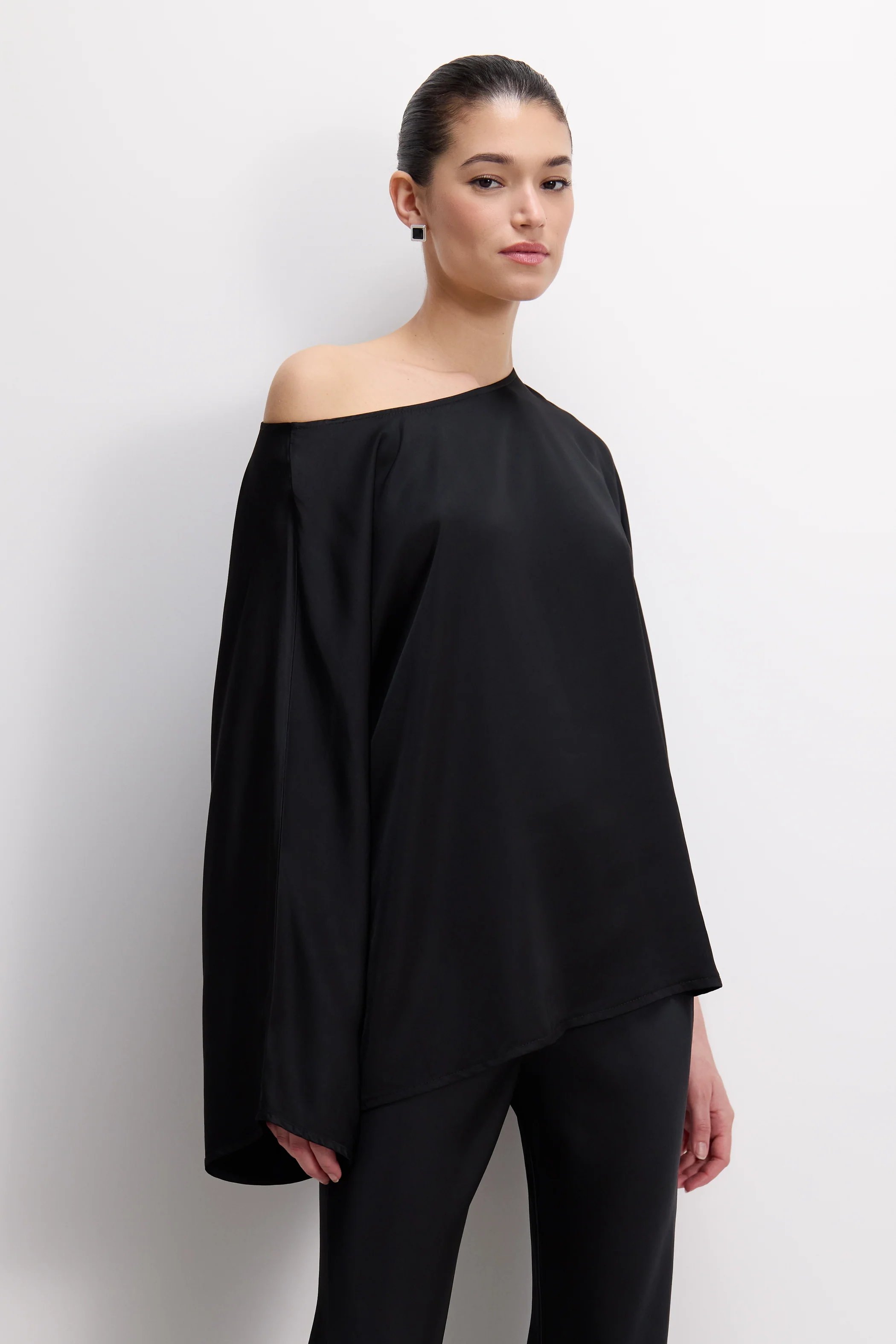Arlet Wide Sleeve Boatneck Satin Top | Black