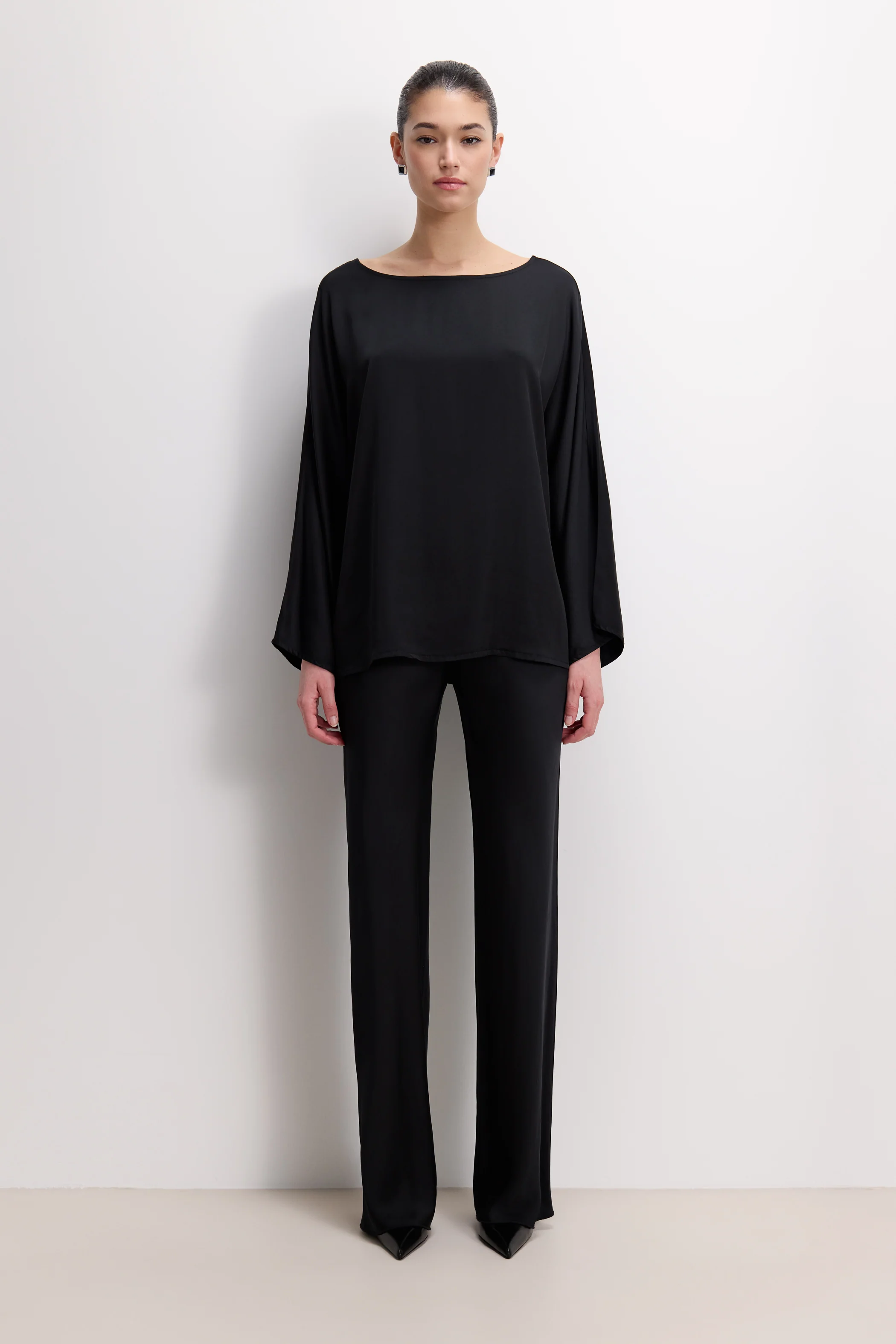 Genet Elastic Waist Bias Satin Trousers | Black - Image 3