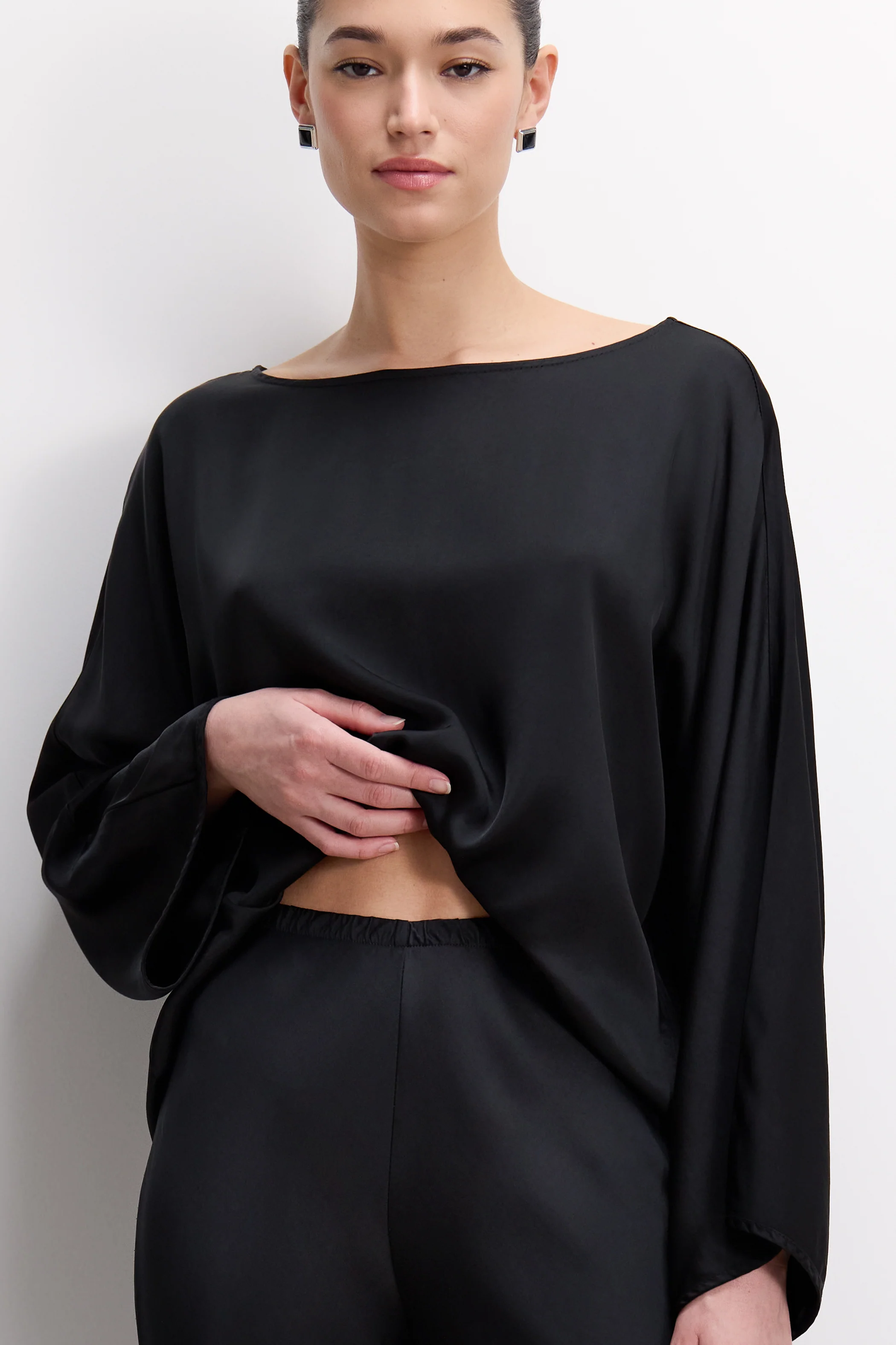Genet Elastic Waist Bias Satin Trousers | Black - Image 2