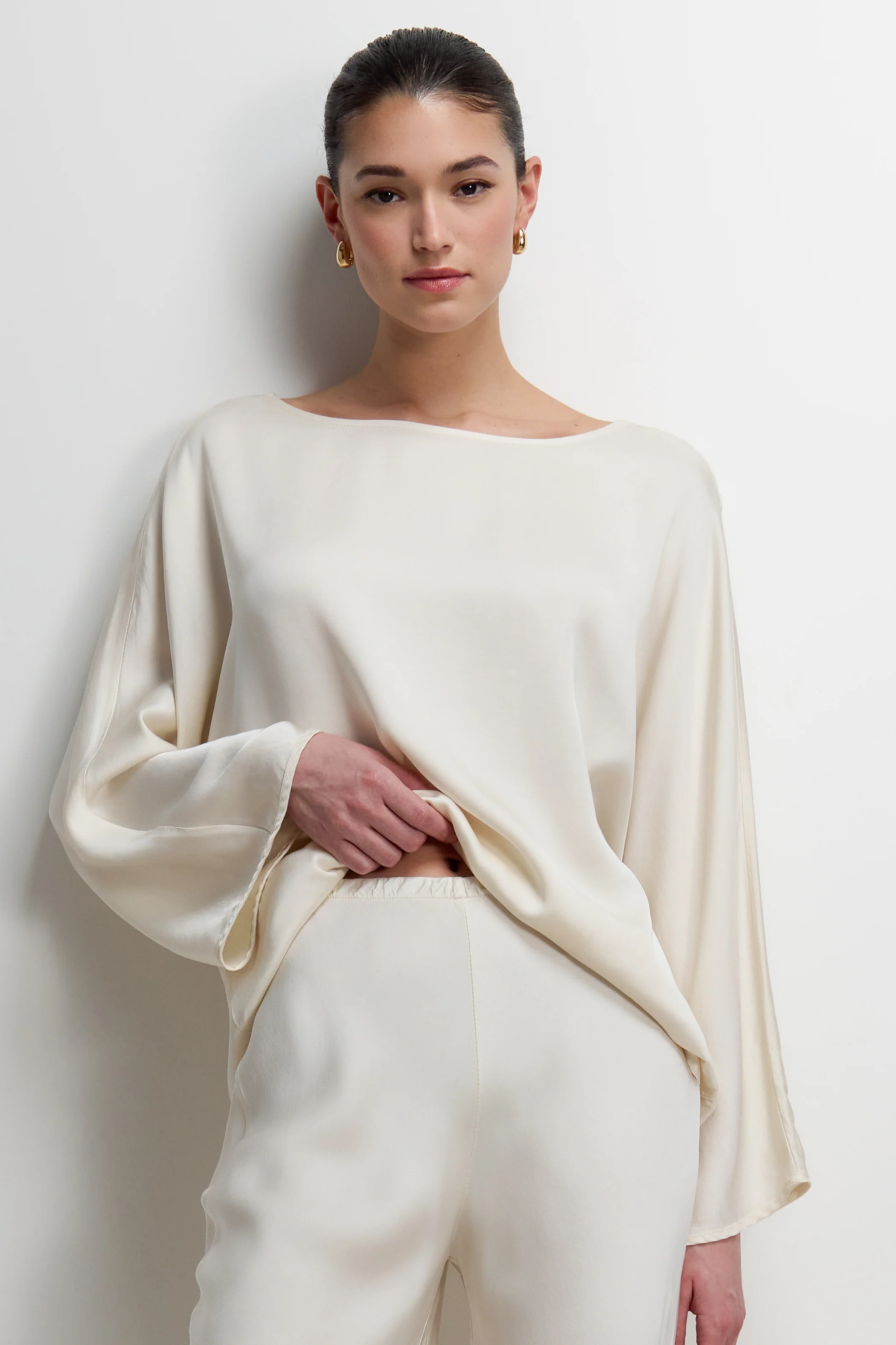 Arlet Wide Sleeve Boatneck Satin Top | Ivory