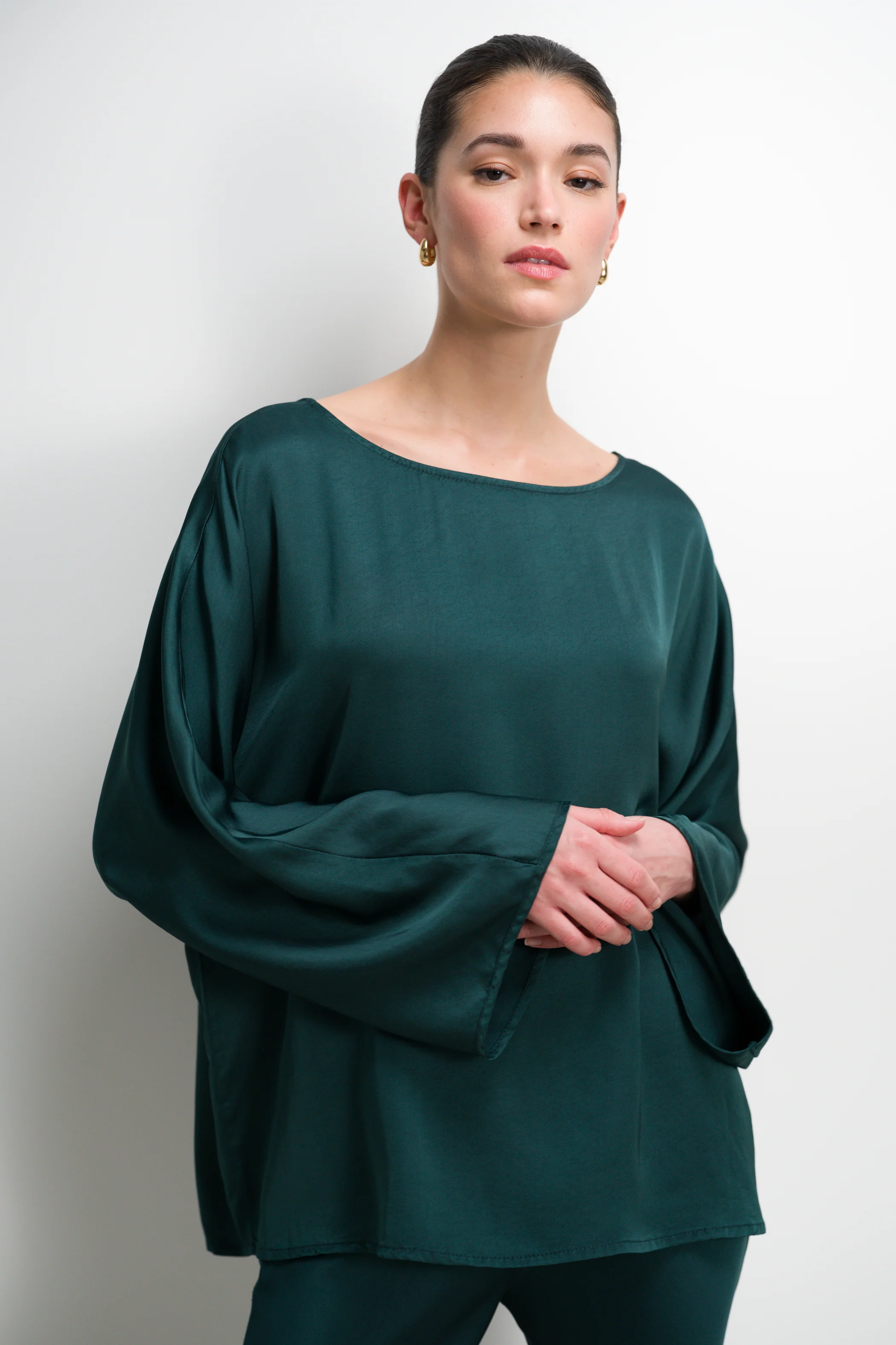 Arlet Wide Sleeve Boatneck Satin Top | Teal