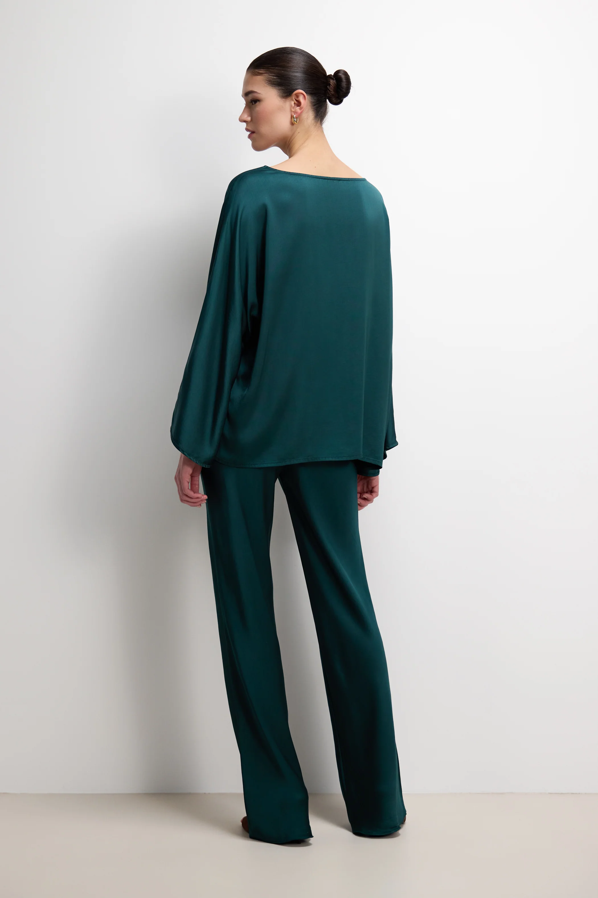 Genet Elastic Waist Bias Satin Trousers | Teal - Image 4