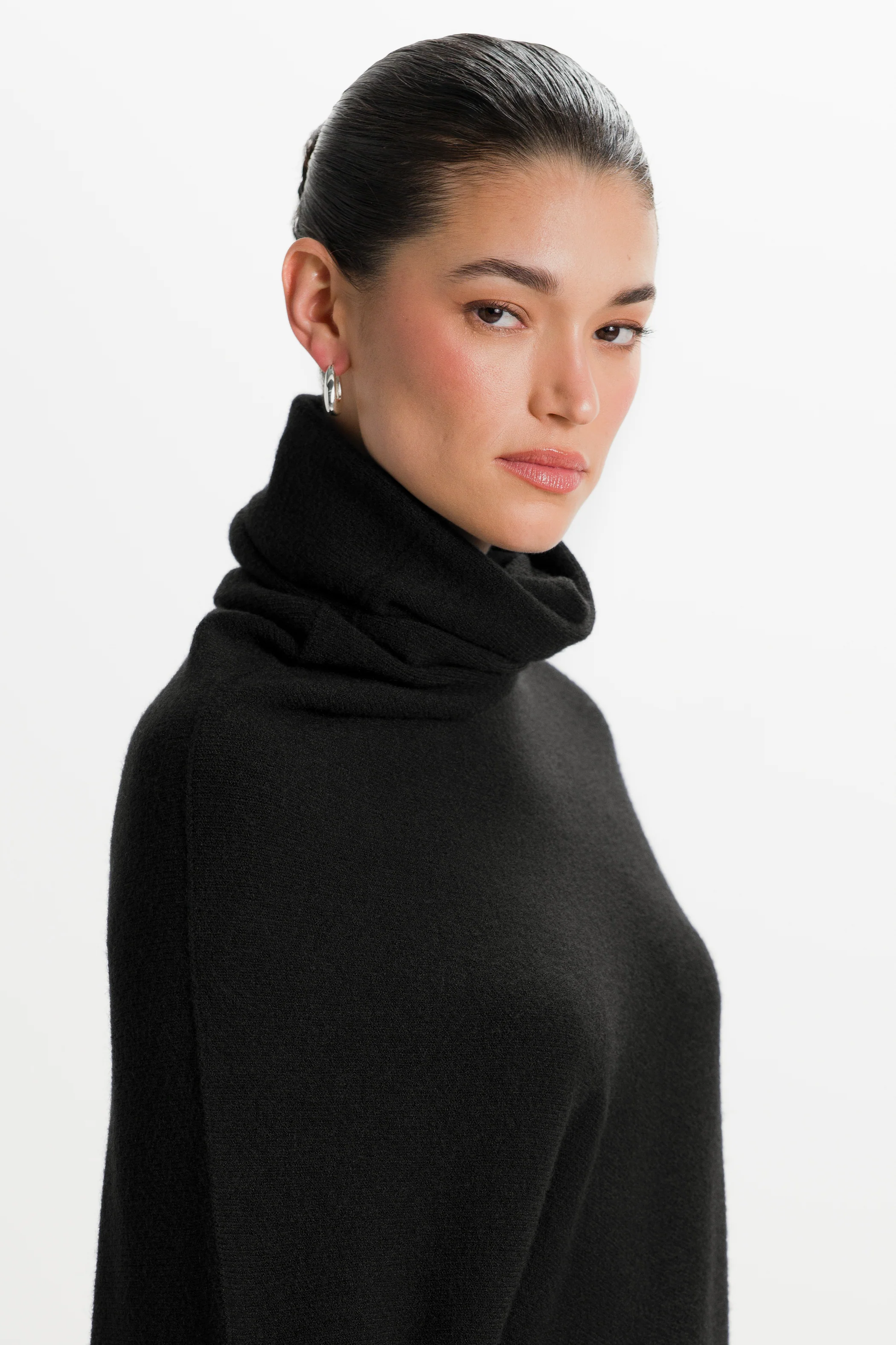 Asymmetric Draped Roll Neck | Black | Seamless Knit - Image 2