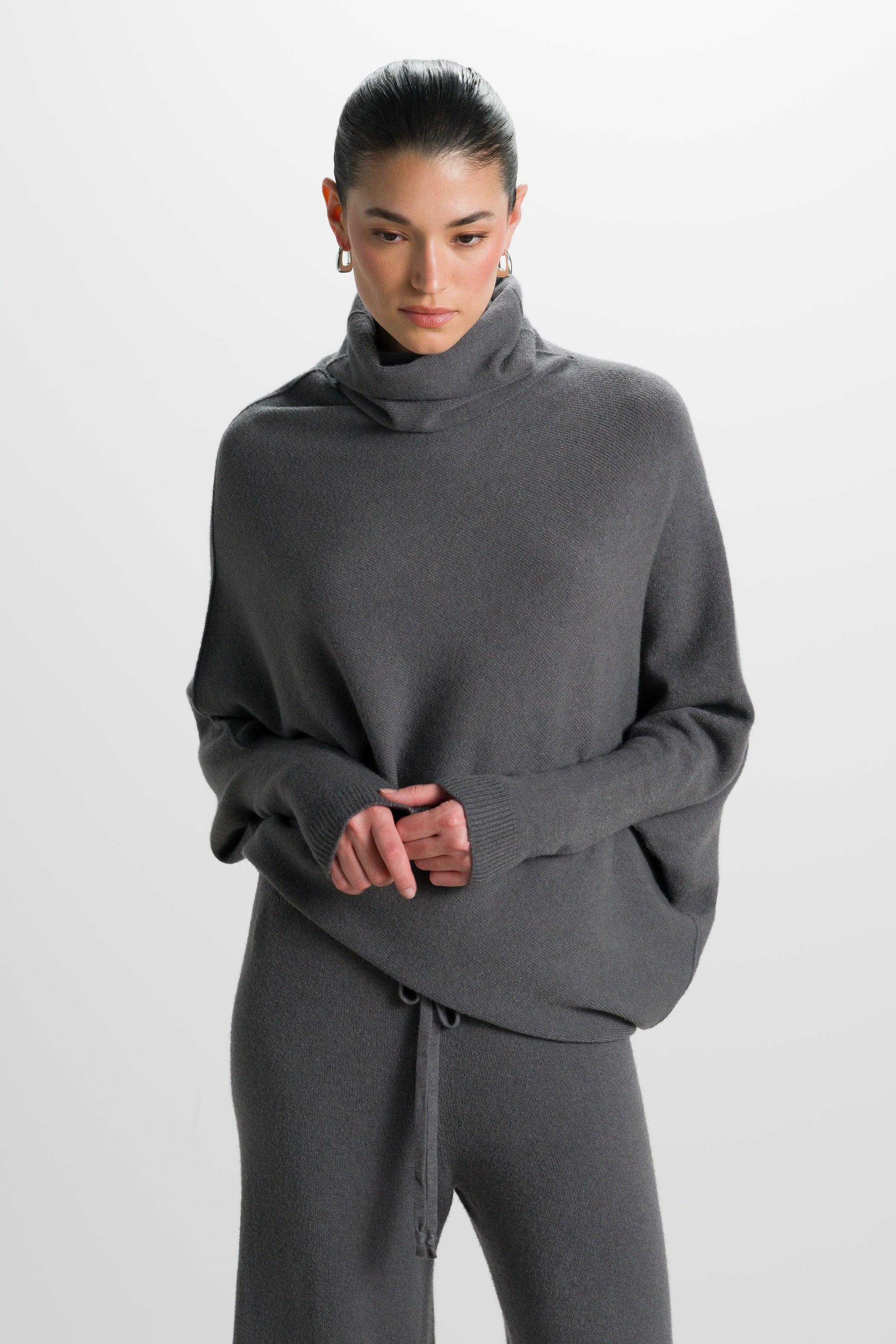 Asymmetric Draped Roll Neck | Charcoal | Seamless Knit - Image 3