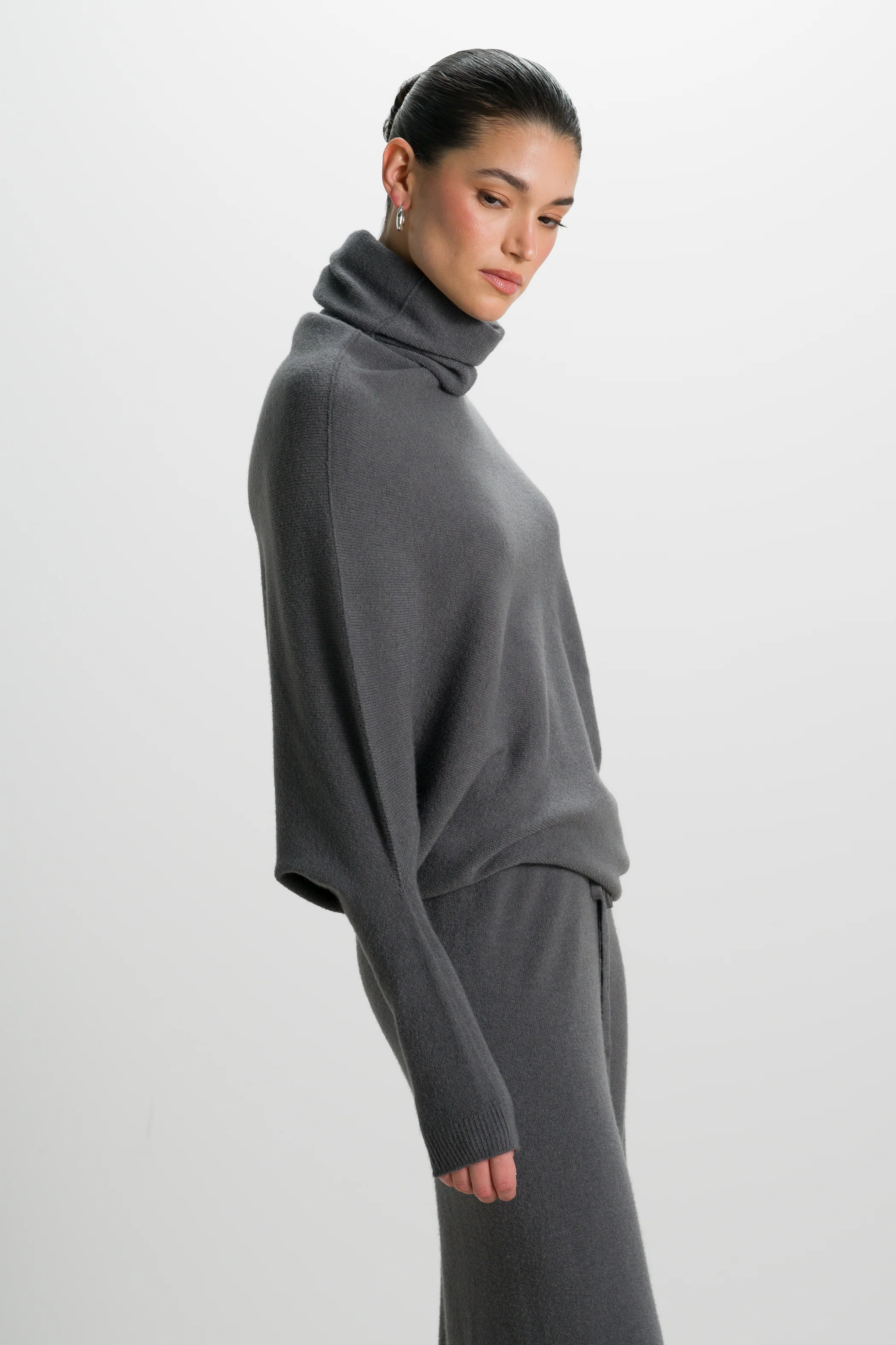 Asymmetric Draped Roll Neck | Charcoal | Seamless Knit - Image 6