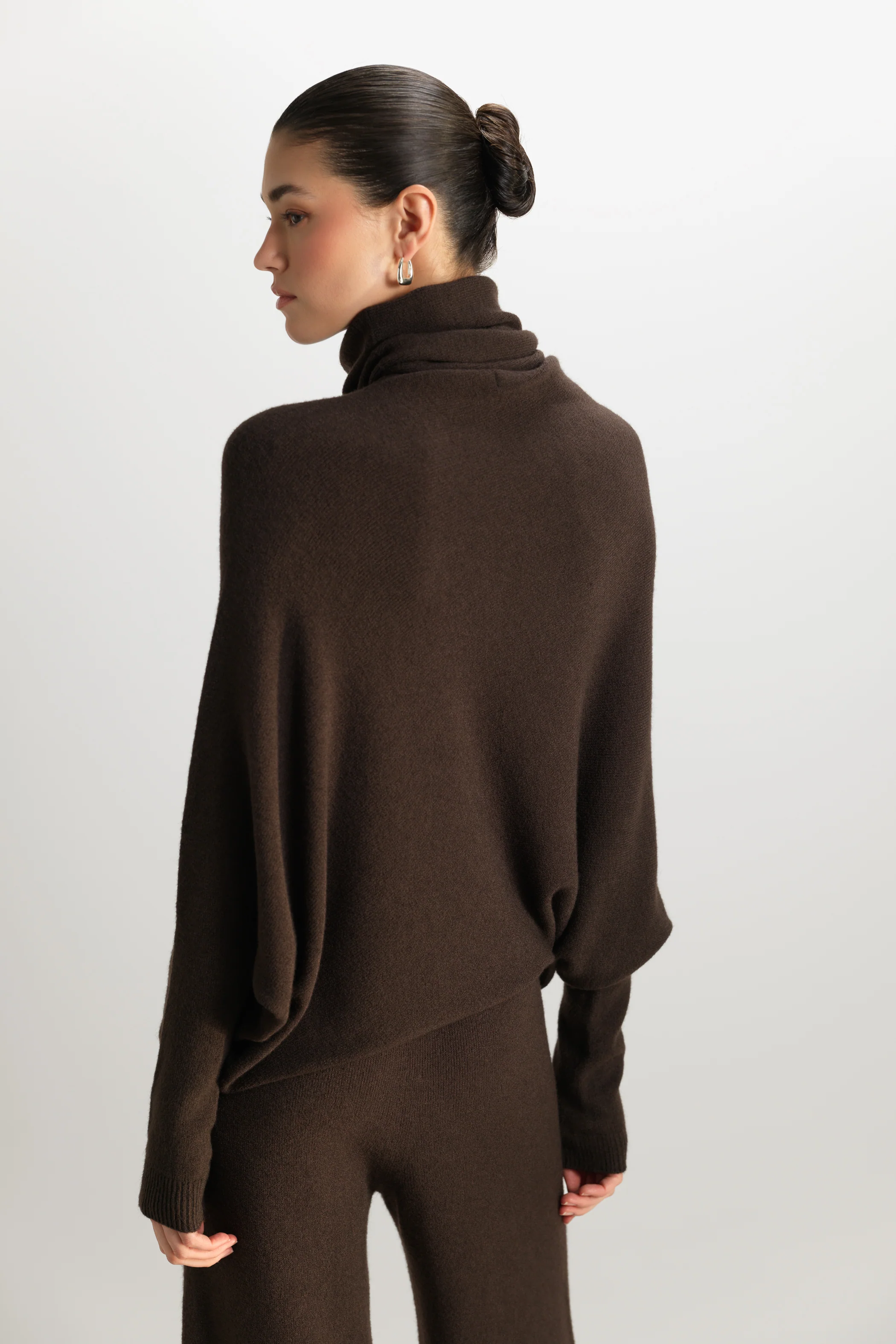 Asymmetric Draped Roll Neck | Espresso Brown | Seamless Knit - Image 3