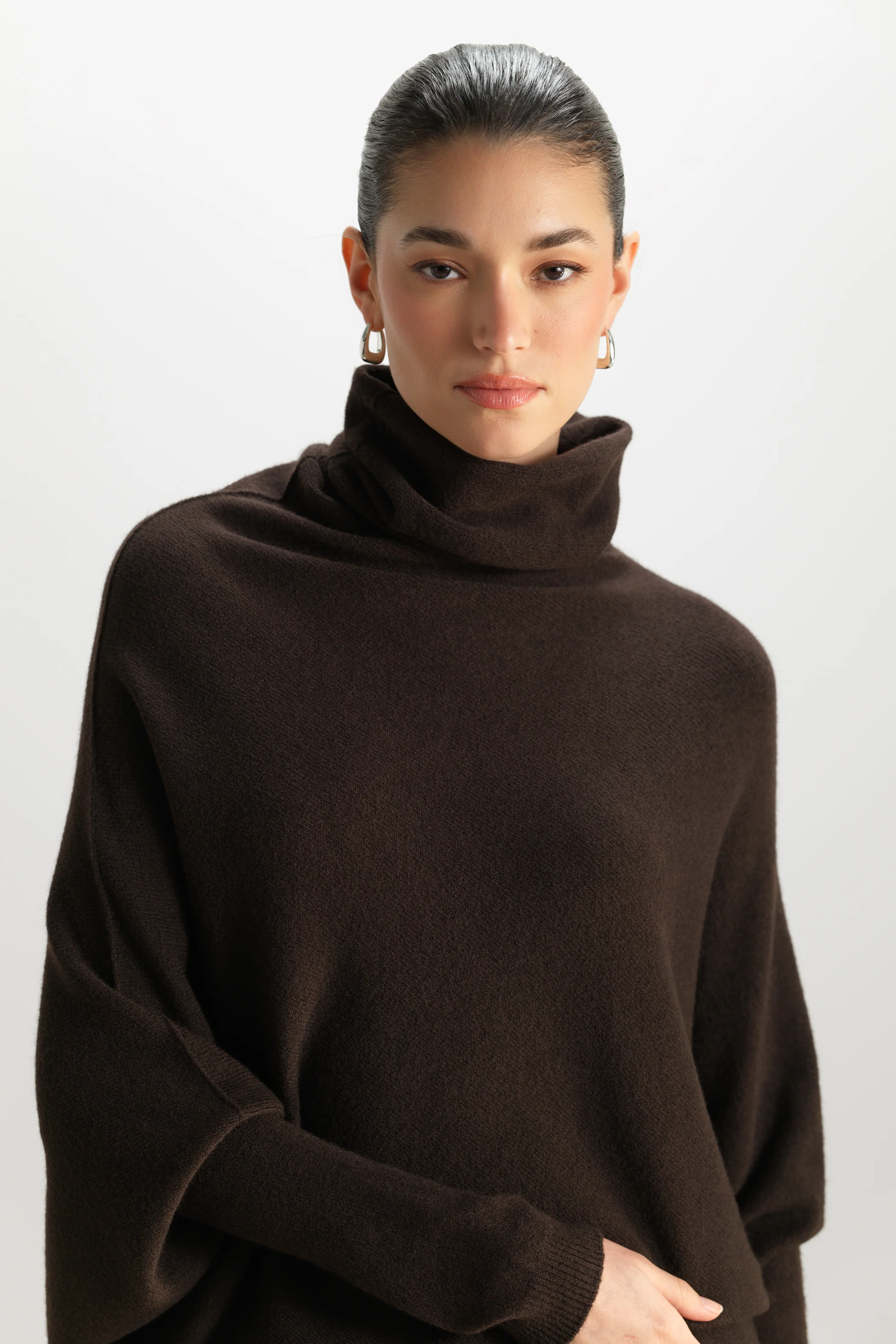Asymmetric Draped Roll Neck | Espresso Brown | Seamless Knit - Image 5