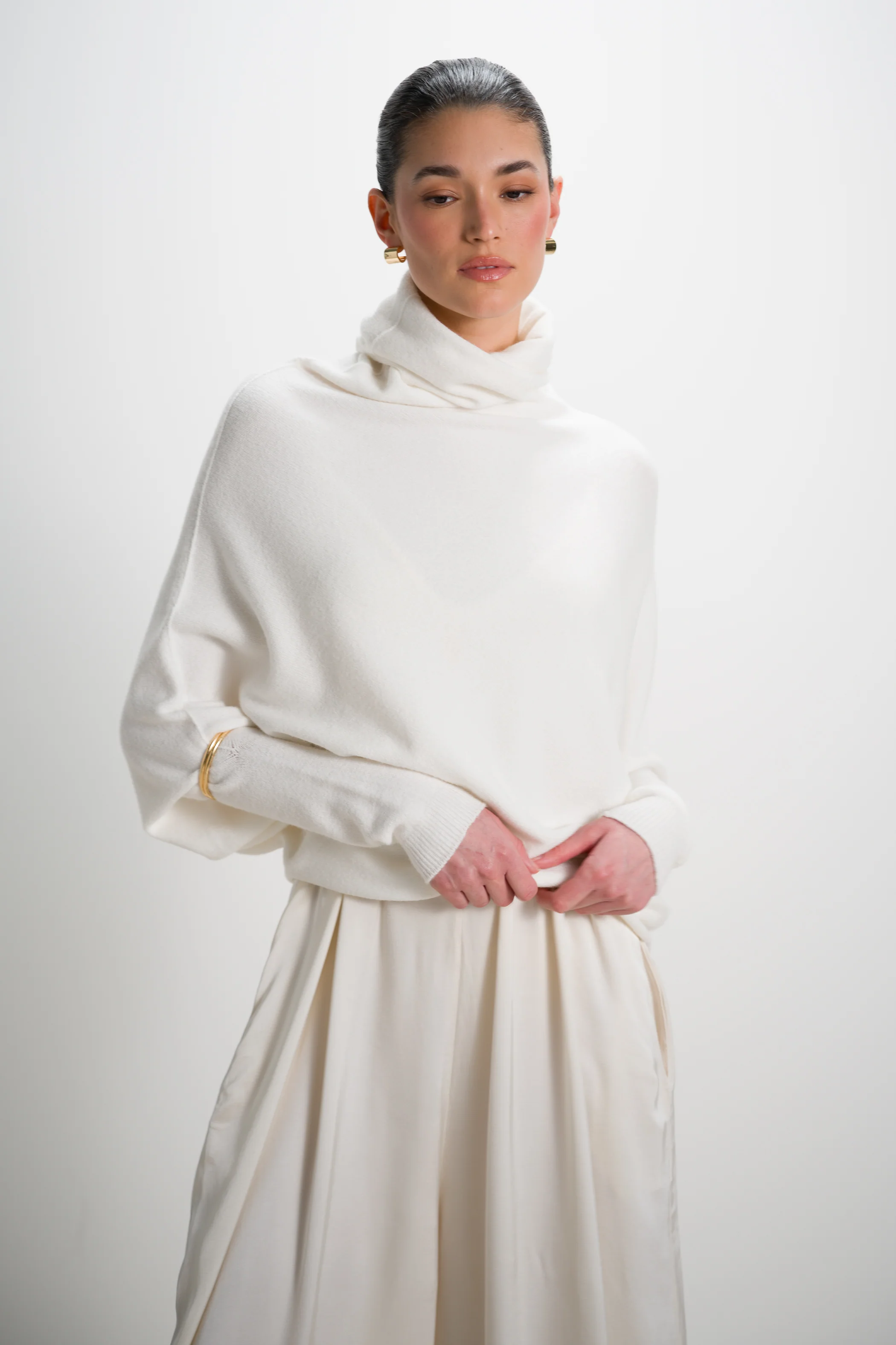 Asymmetric Draped Roll Neck | Ivory | Seamless Knit - Image 5