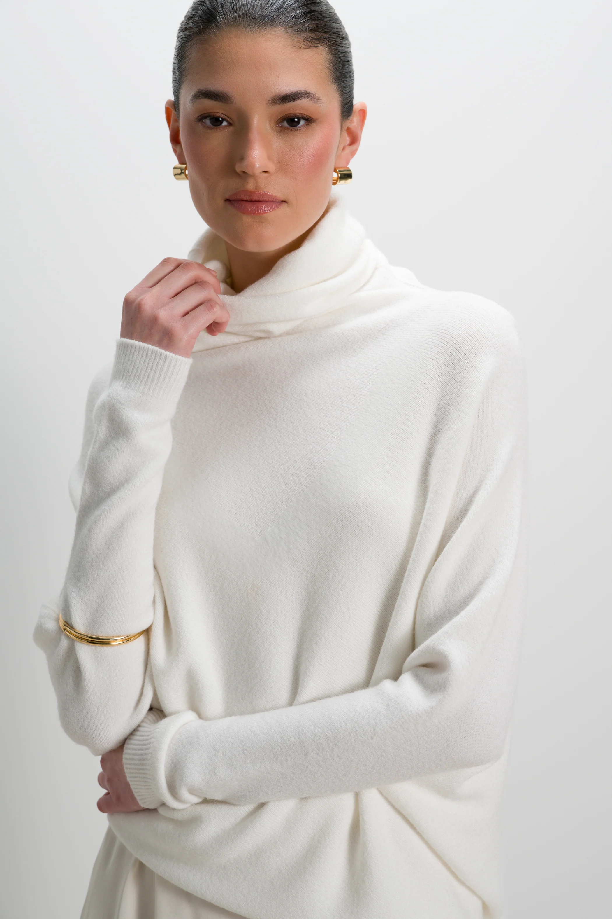 Asymmetric Draped Roll Neck | Ivory | Seamless Knit - Image 6
