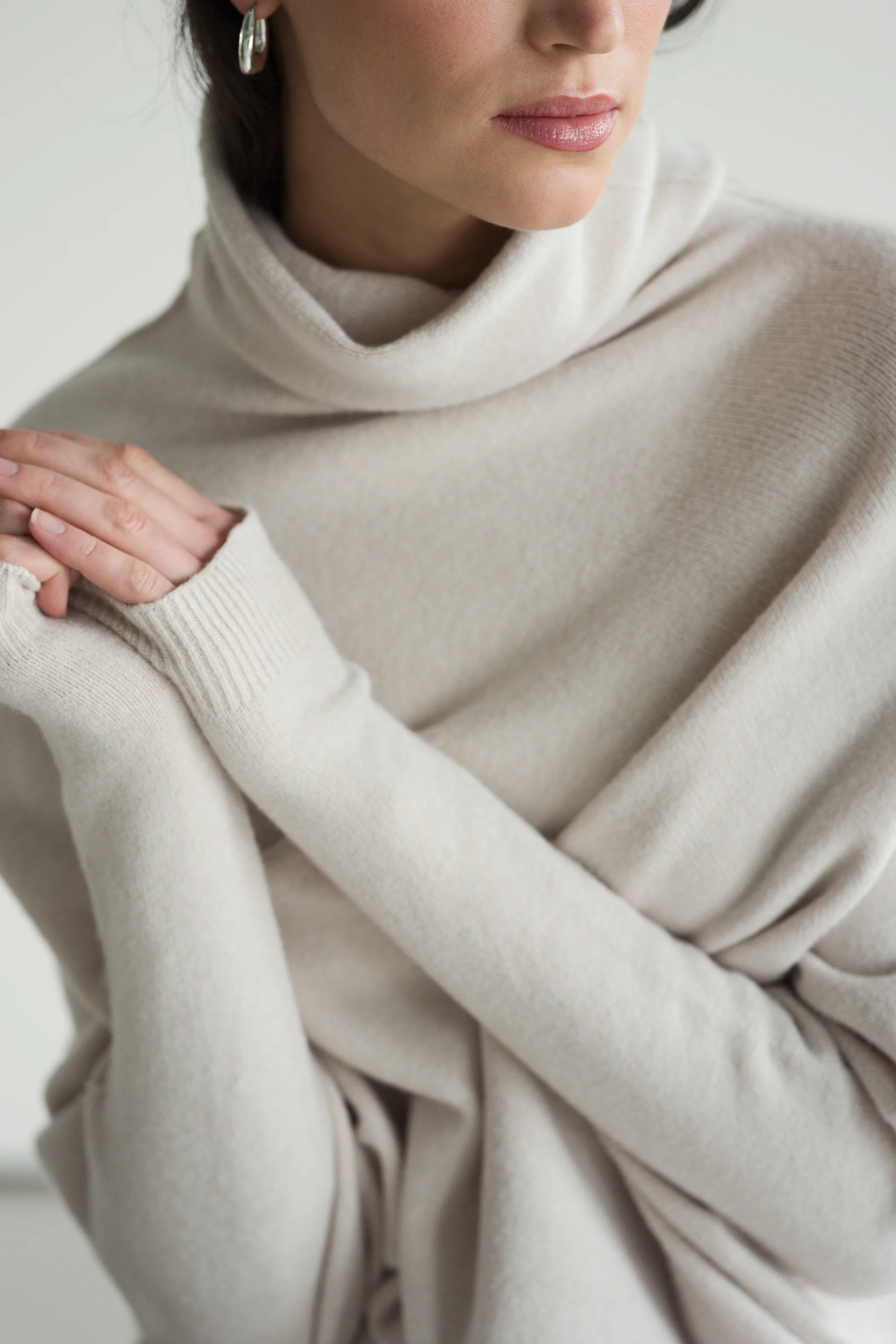 Asymmetric Draped Roll Neck | Light Beige | Seamless Knit - Image 3