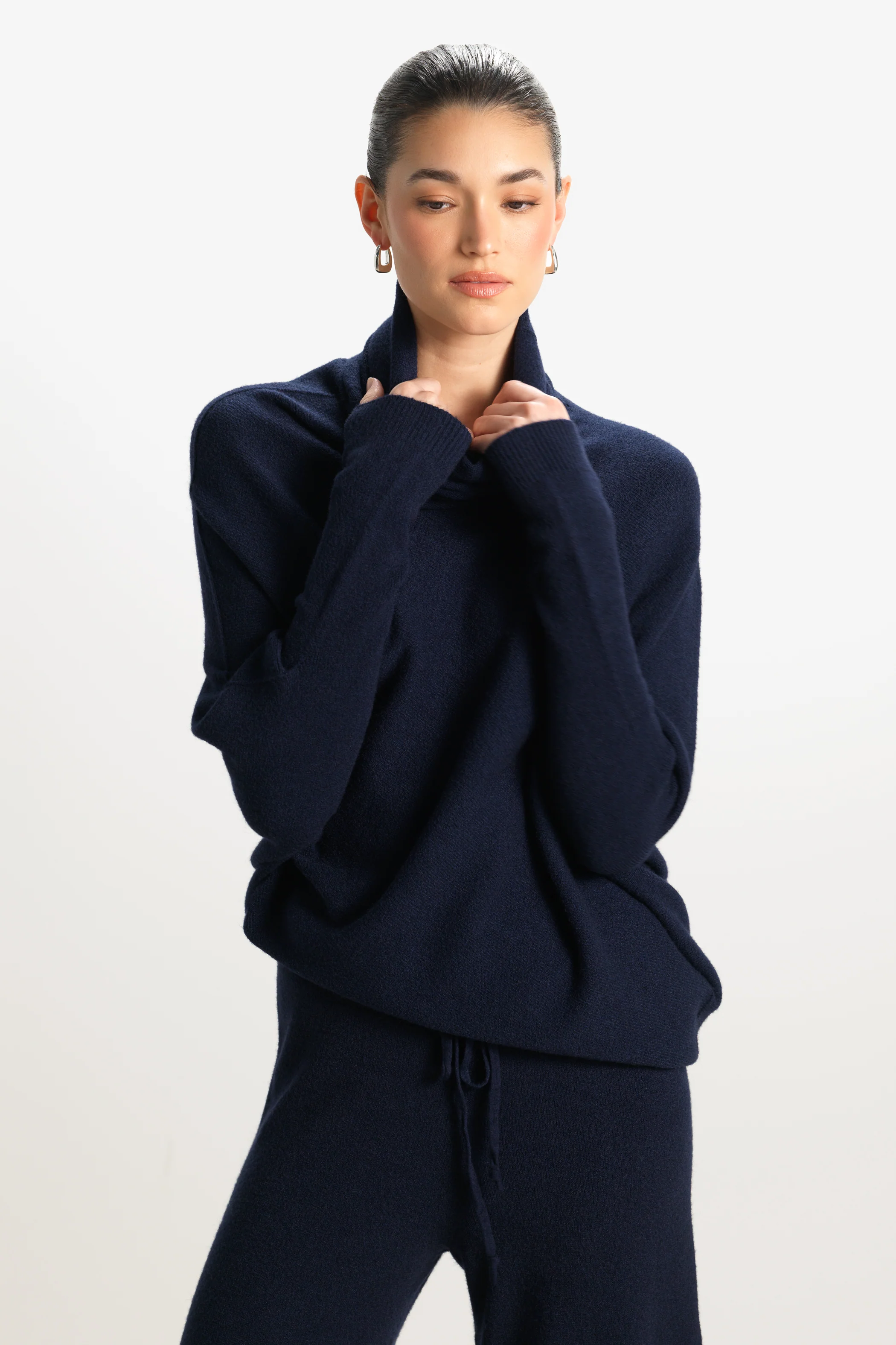 Asymmetric Draped Roll Neck | Navy | Seamless Knit - Image 3