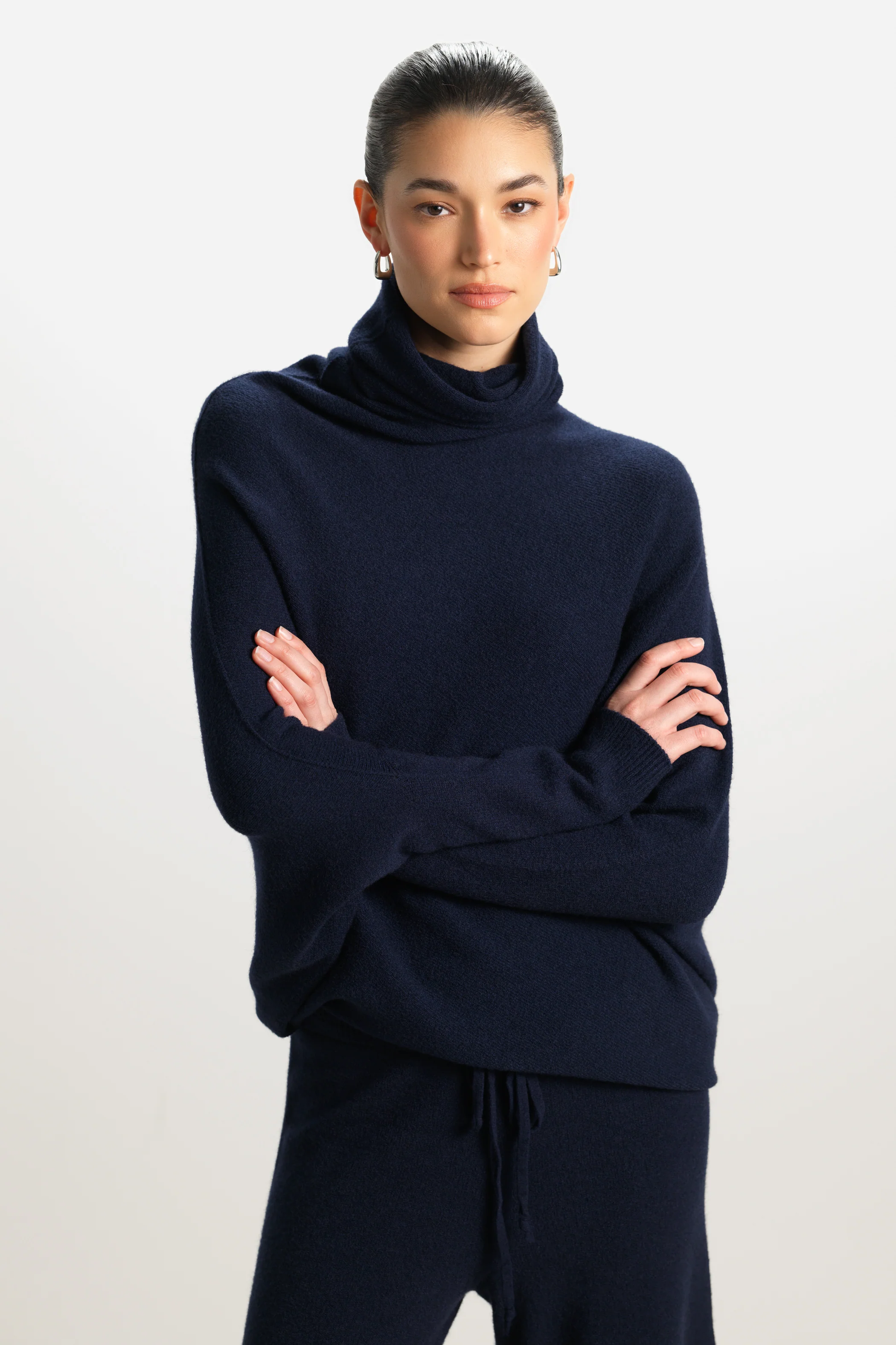 Asymmetric Draped Roll Neck | Navy | Seamless Knit - Image 6