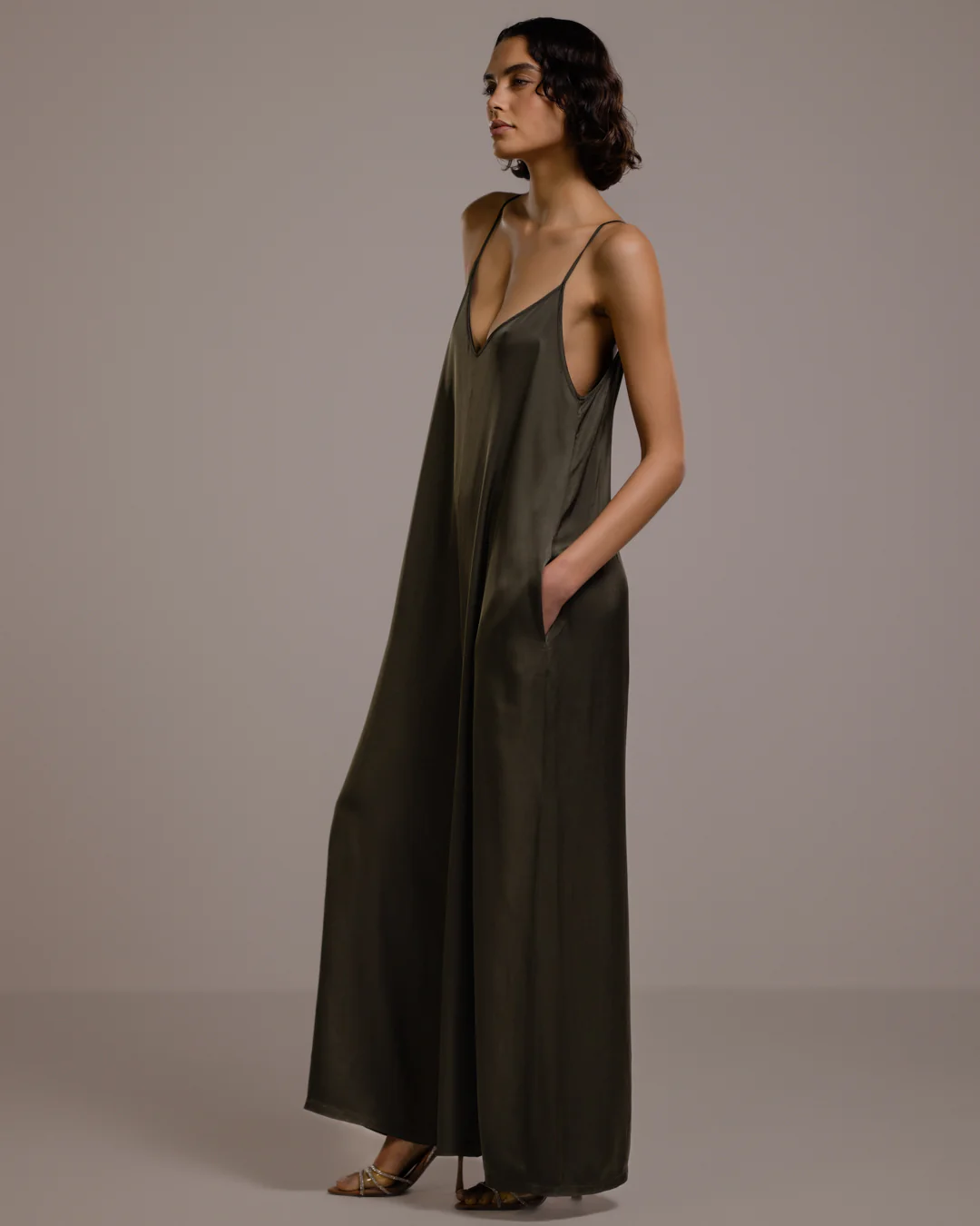 Audrey Satin Jumpsuit | Khaki - Image 5