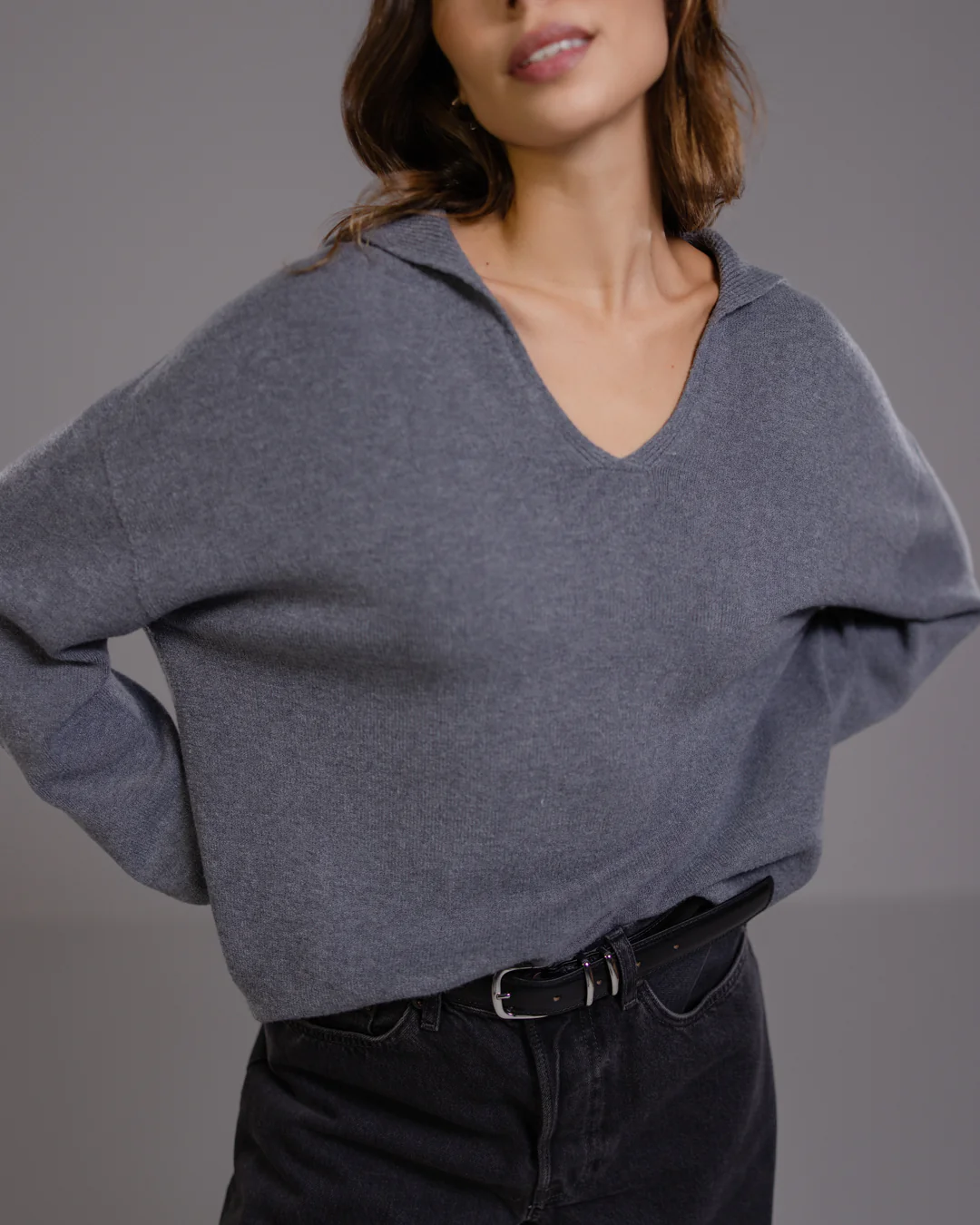 Celeste Open Collar Sweater | Dark Grey - Image 2