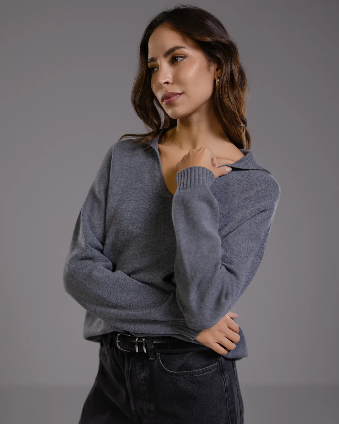 Celeste Open Collar Sweater | Dark Grey - Image 3