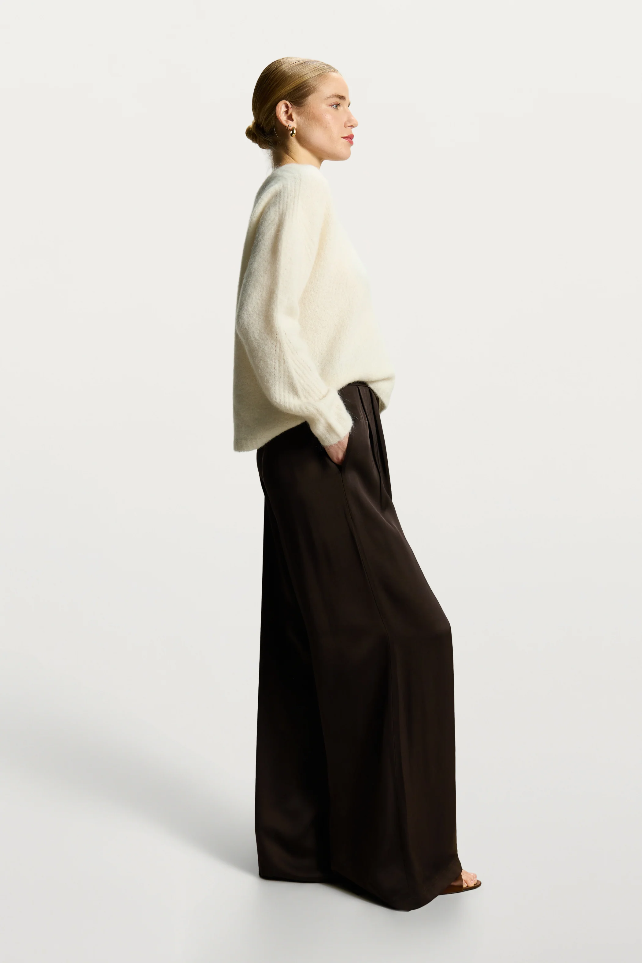 Claudia Elastic Waist Satin Trousers | Espresso Brown - Image 2