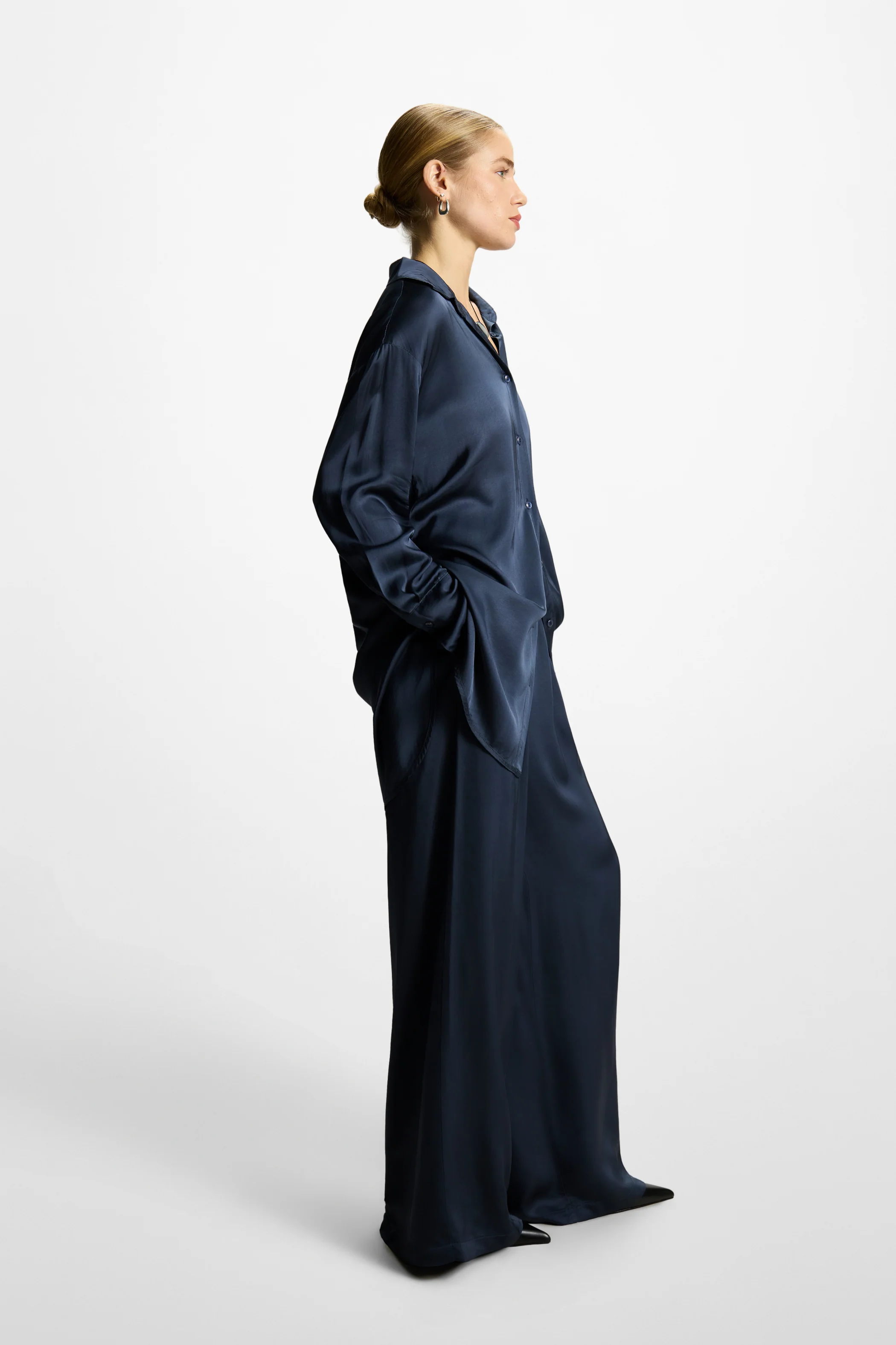 Claudia Elastic Waist Satin Trousers | Ink - Image 2