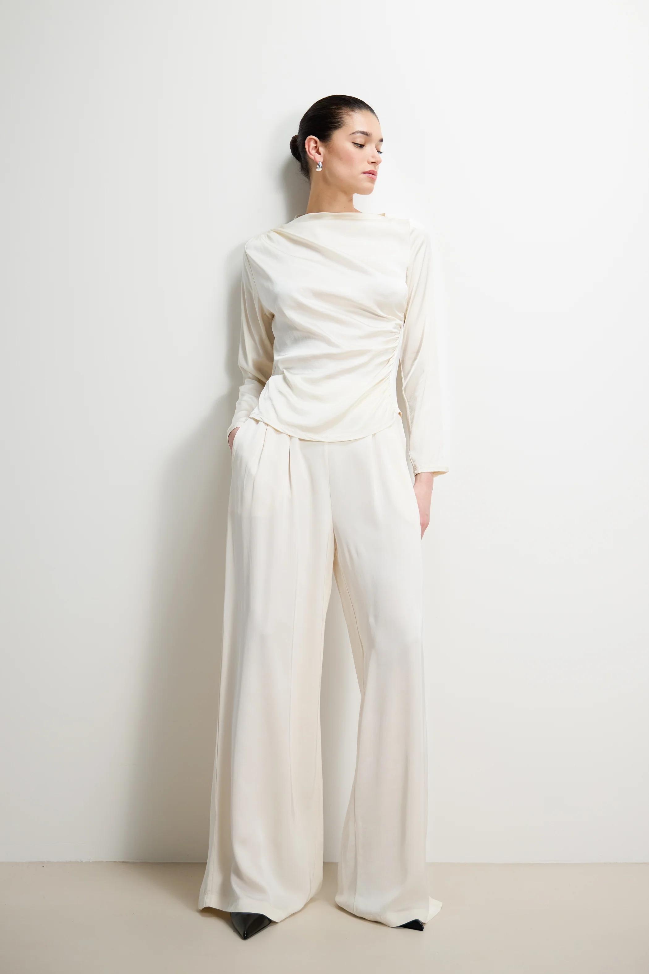 Claudia Elastic Waist Satin Trousers | Ivory - Image 2