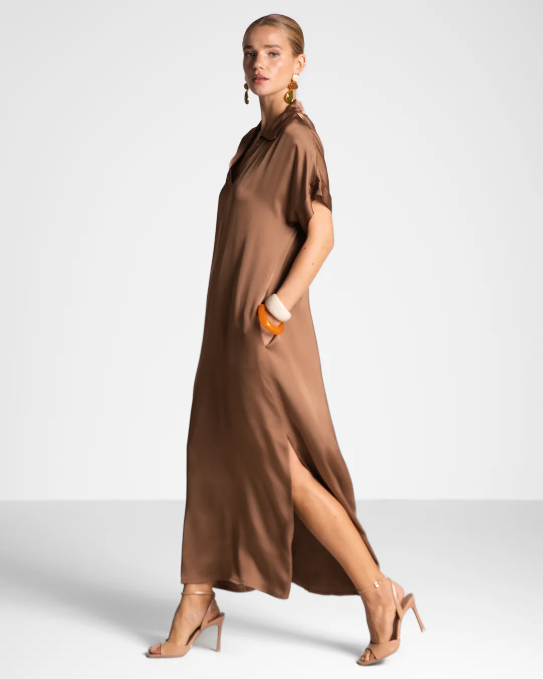 Cleo Satin Kaftan Dress | Maple - Image 2