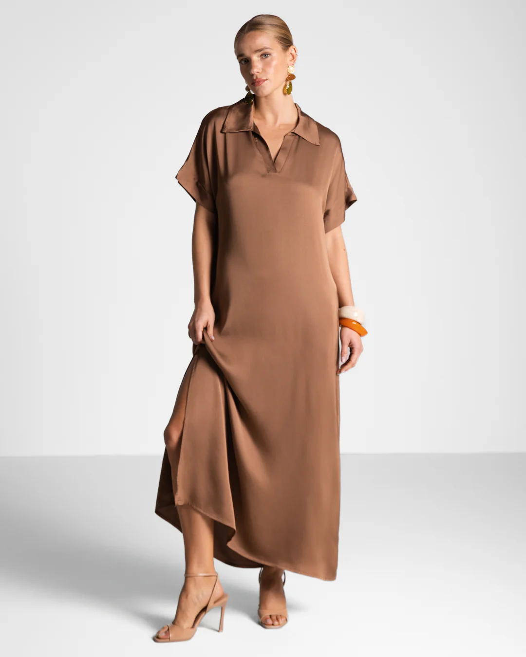 Cleo Satin Kaftan Dress | Maple - Image 4